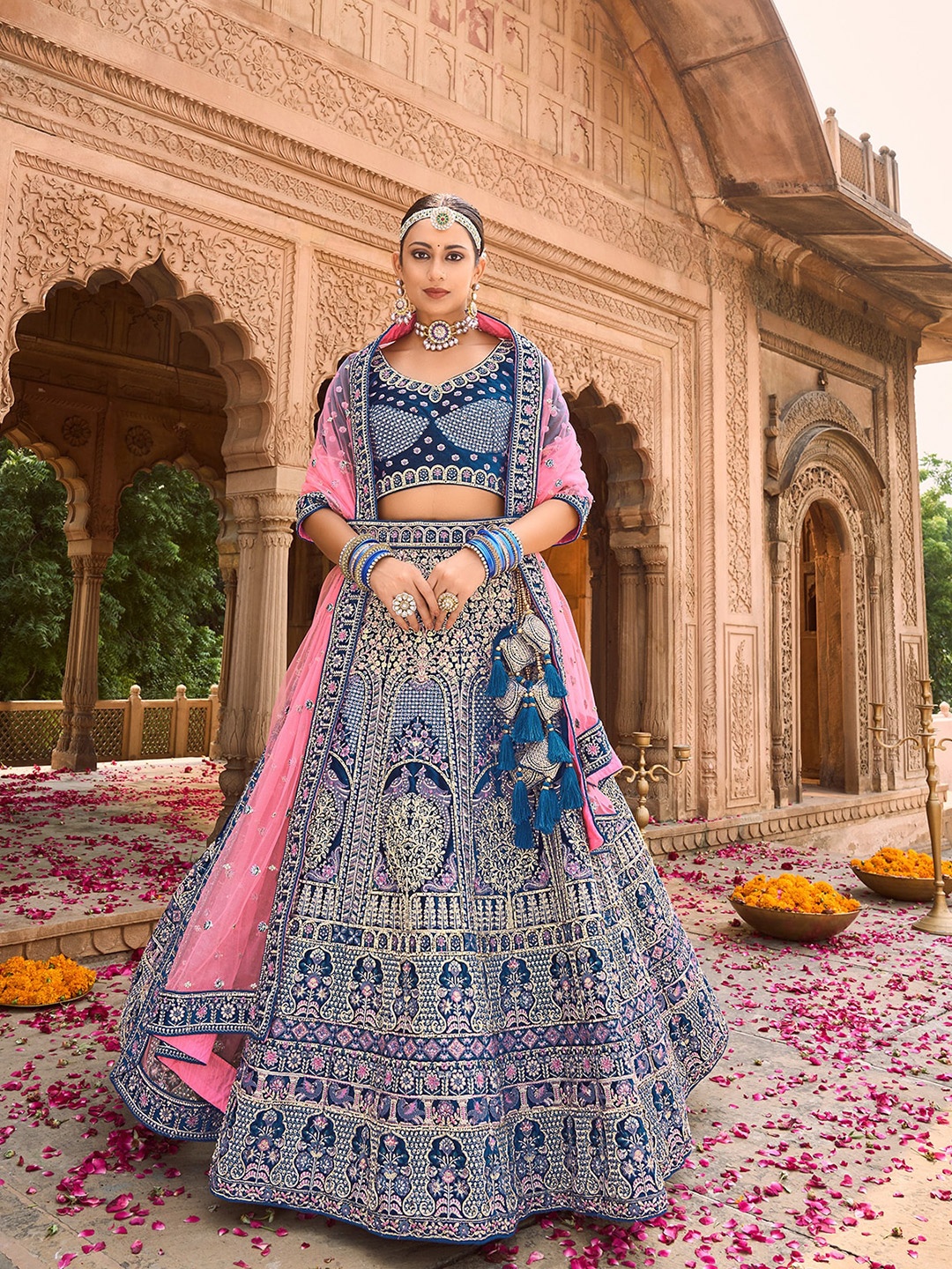 

ODETTE Embroidered Zardozi Semi-Stitched Lehenga & Unstitched Blouse With Dupatta, Blue