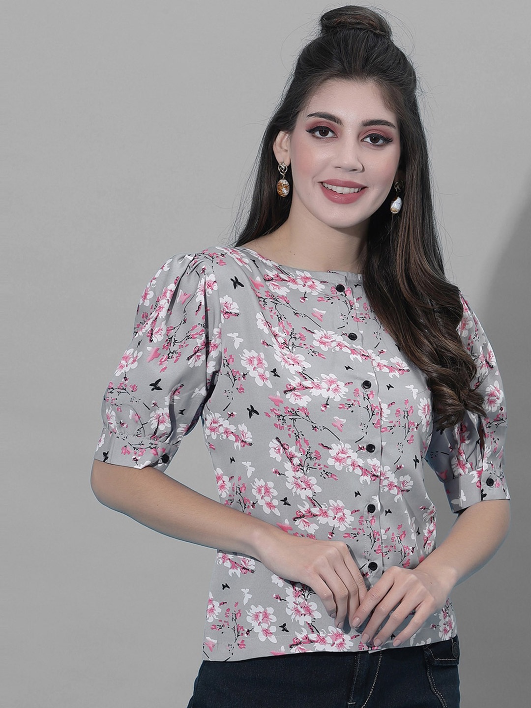 

Selvia Women Floral Printed Casual Shirt, Grey