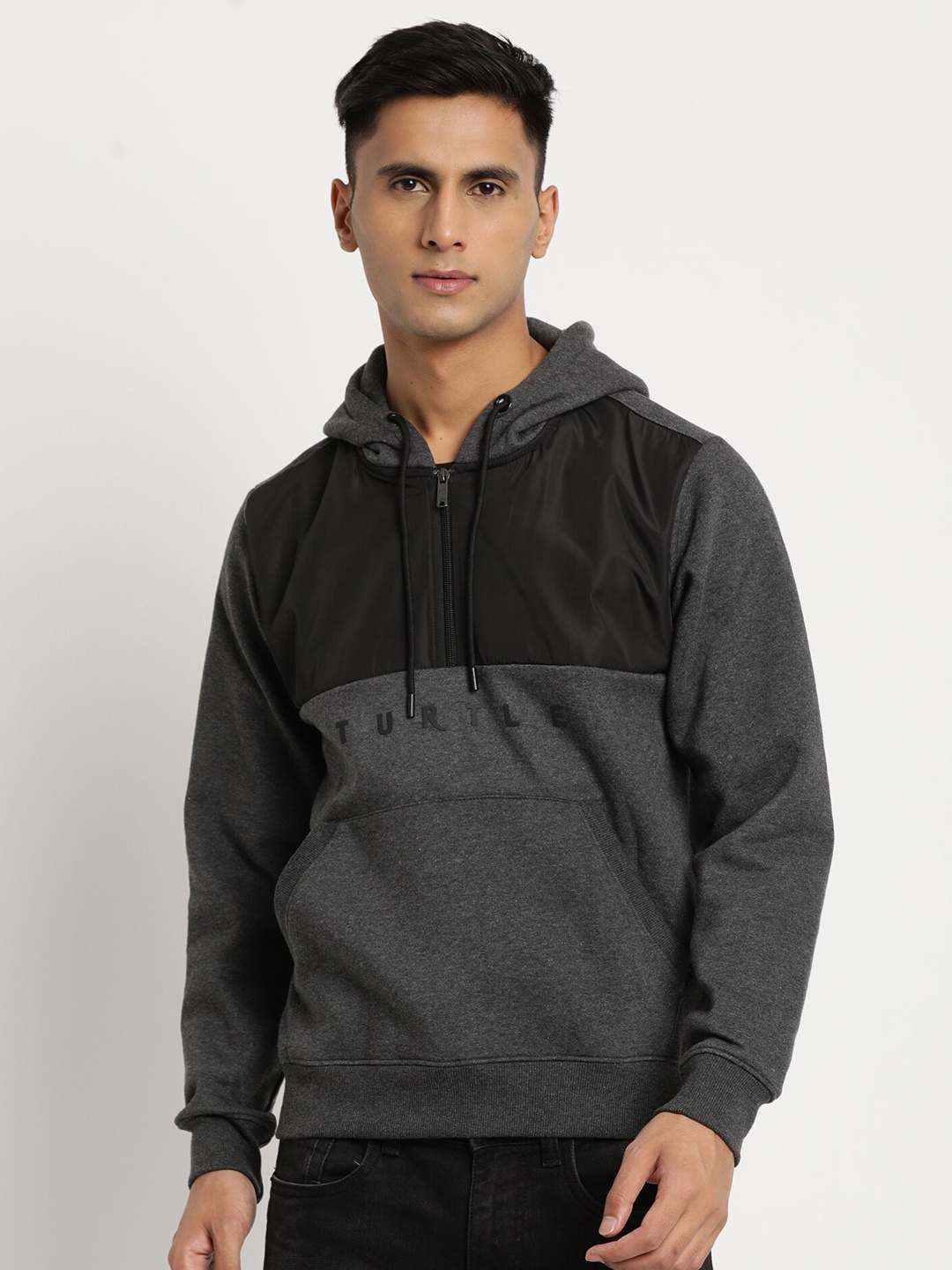 

Turtle Typography Printed Hooded Cotton Pullover Sweater, Charcoal