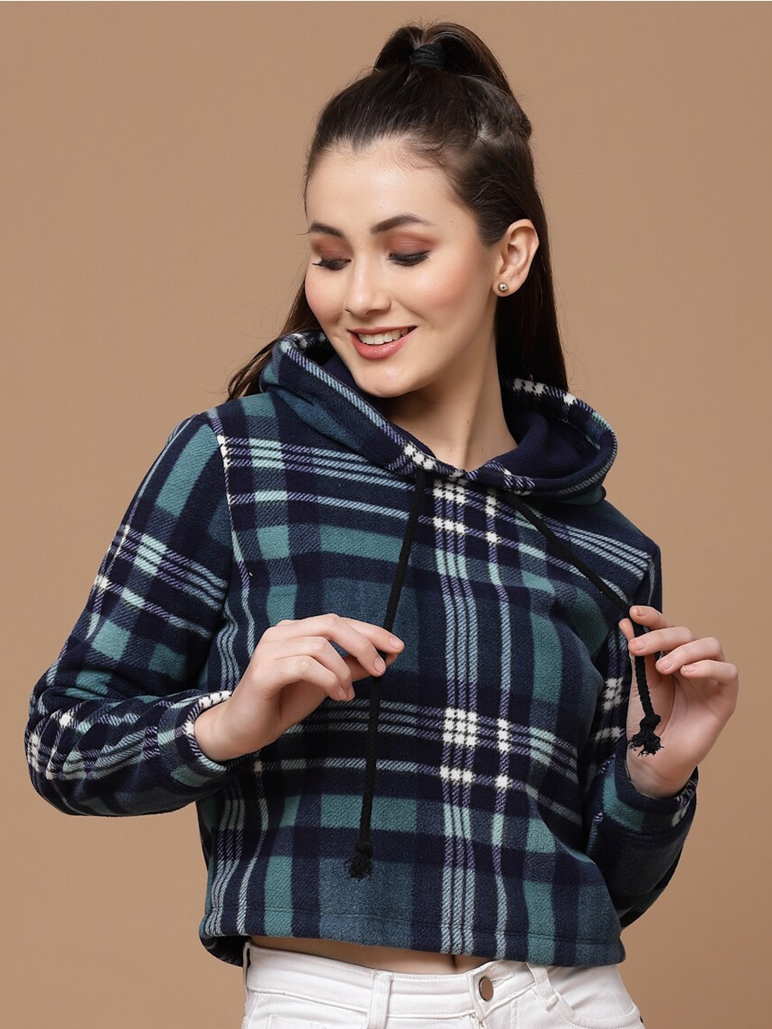 

KASSUALLY Checked Hooded Sweatshirt, Teal