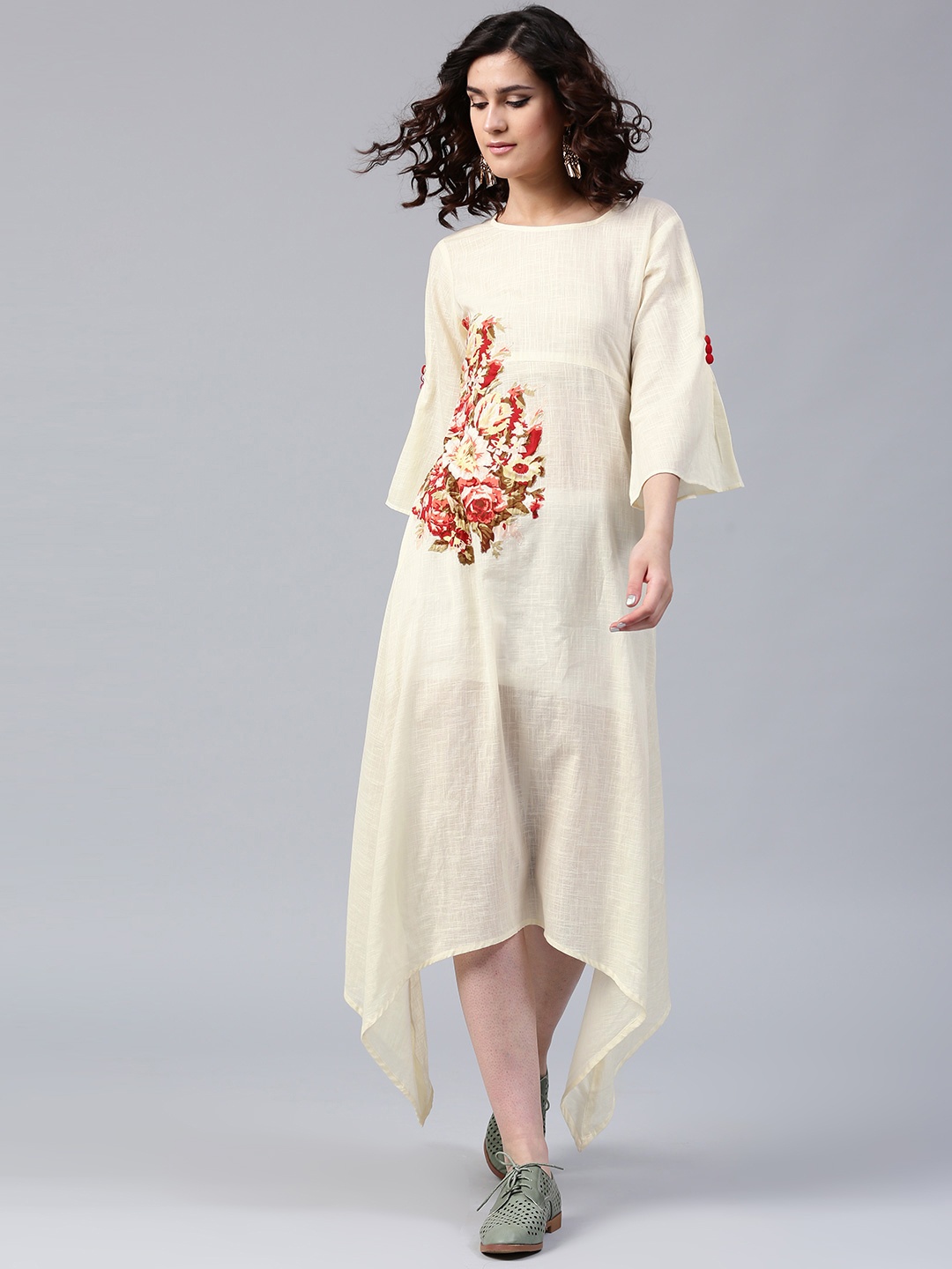 

AKS Women Cream-Coloured Printed Midi A-Line Dress