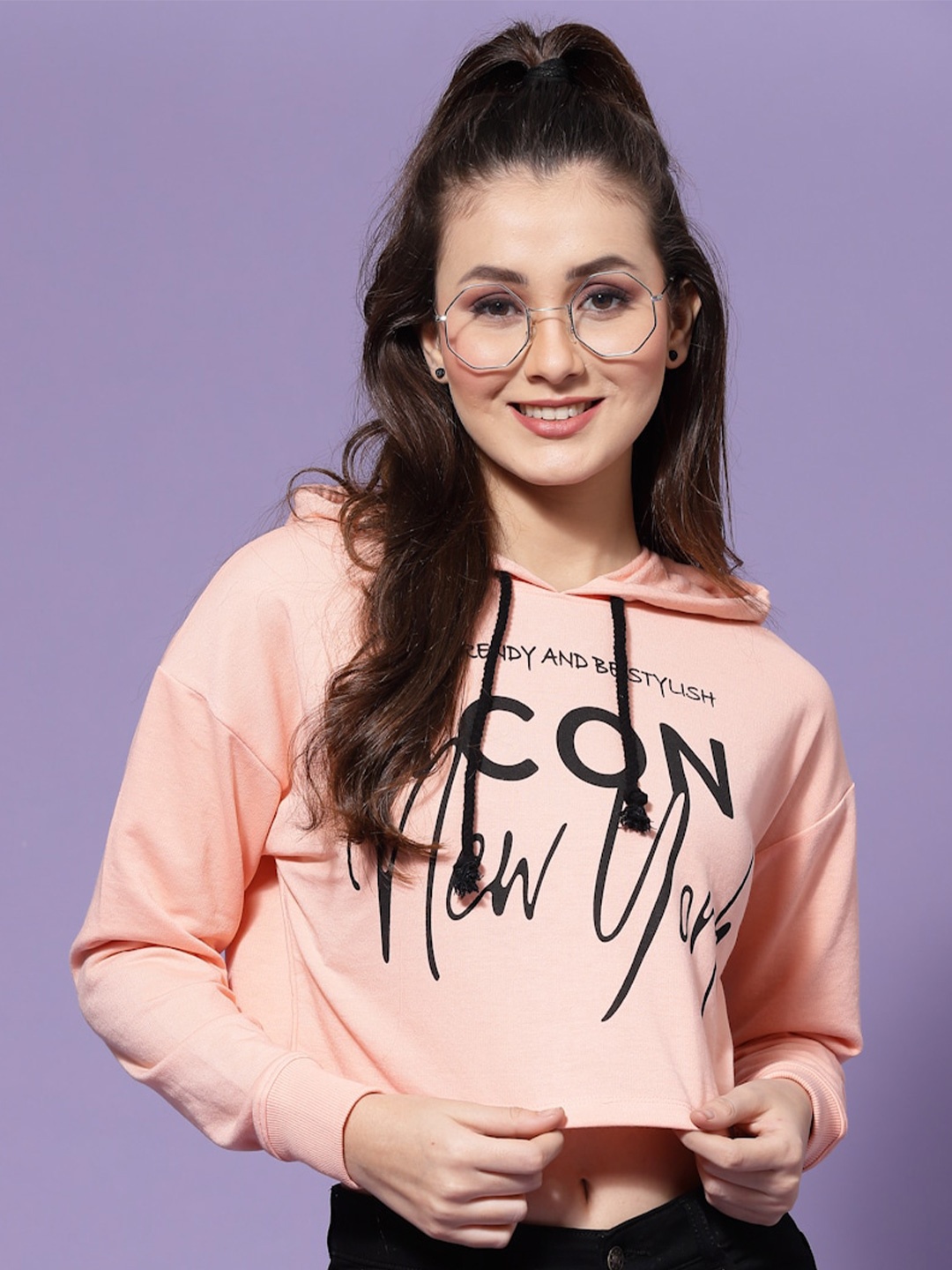 

KASSUALLY Women Printed Hooded Sweatshirt, Peach