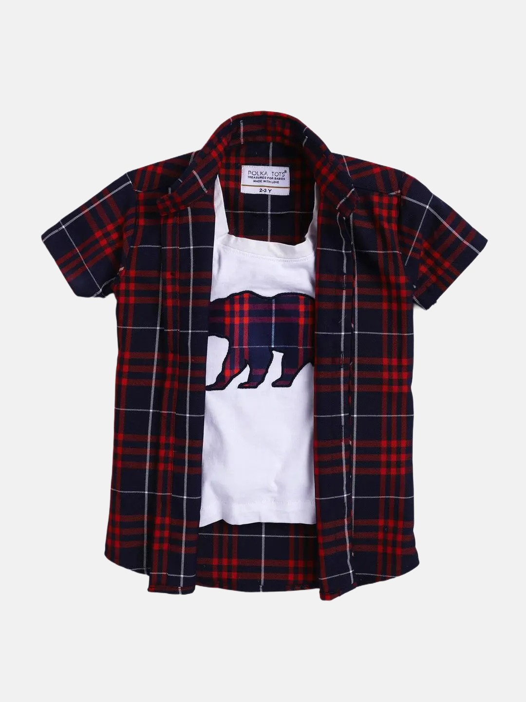 

Polka Tots Boys Classic Checked Cotton Casual Shirt With Inside T-shirt, Navy blue