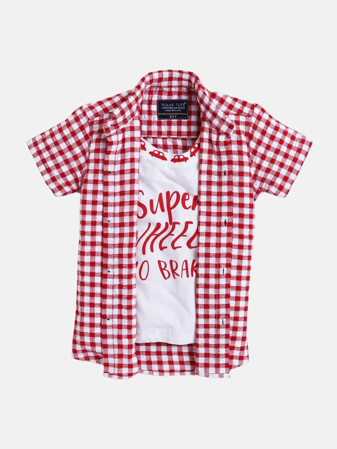 

Polka Tots Boys Classic Checked Cotton Casual Shirt With Inside T-shirt, Red