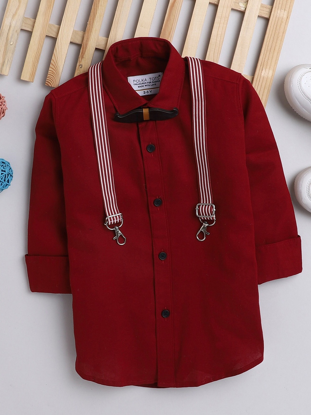 

Polka Tots Boys Classic Cotton Casual Shirt With Bow Tie And Suspendor, Red