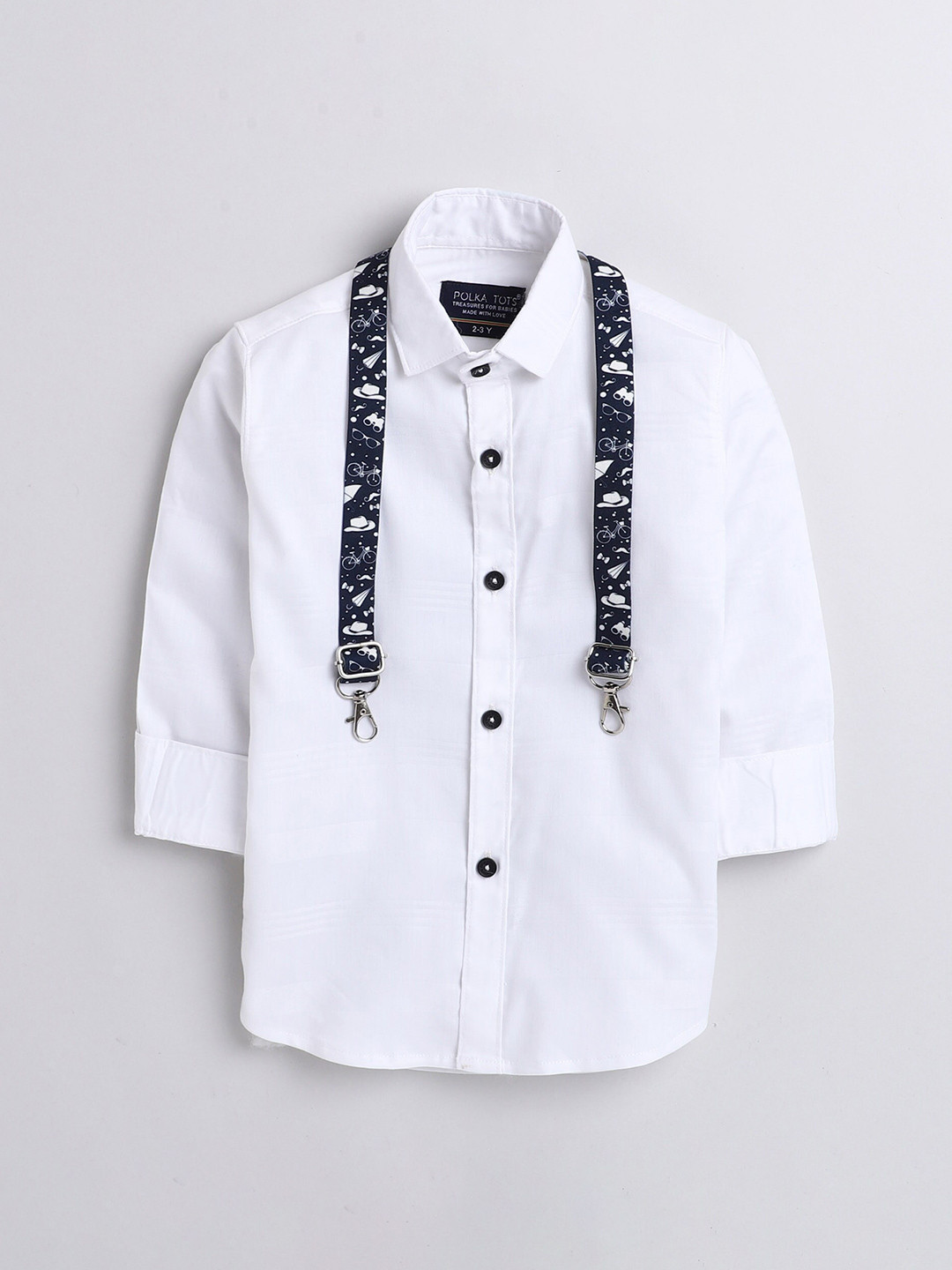 

Polka Tots Boys Classic Cotton Casual Shirt With Suspendor, White