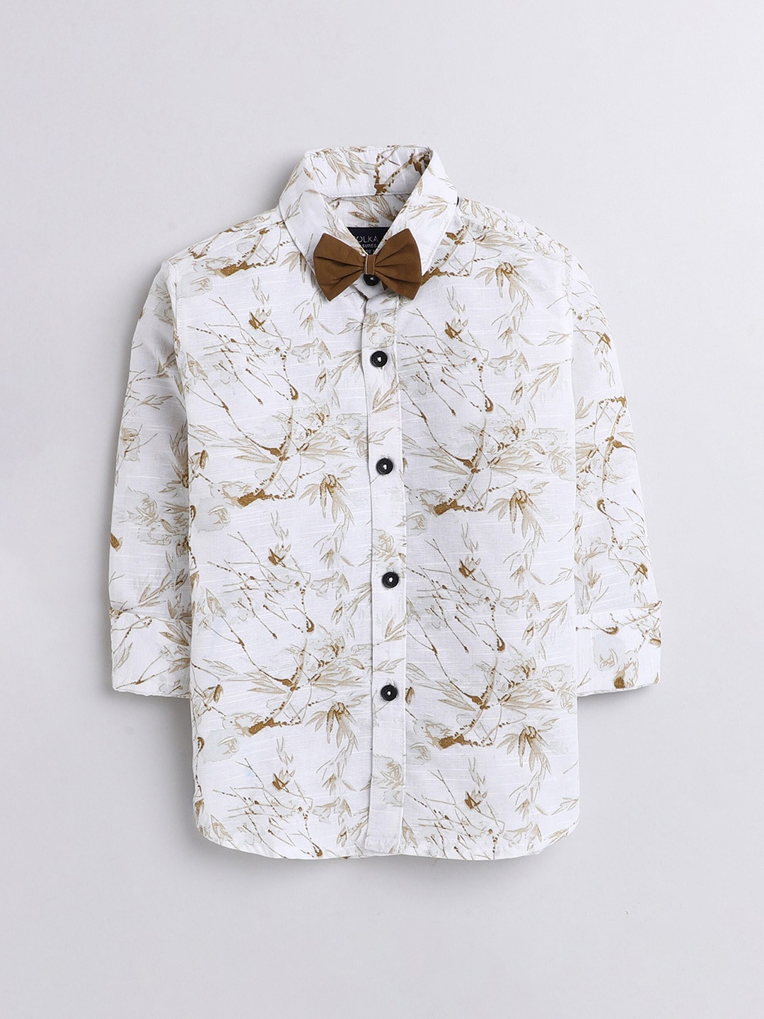 

Polka Tots Boys Classic Floral Printed Cotton Casual Shirt With Bow Tie, White