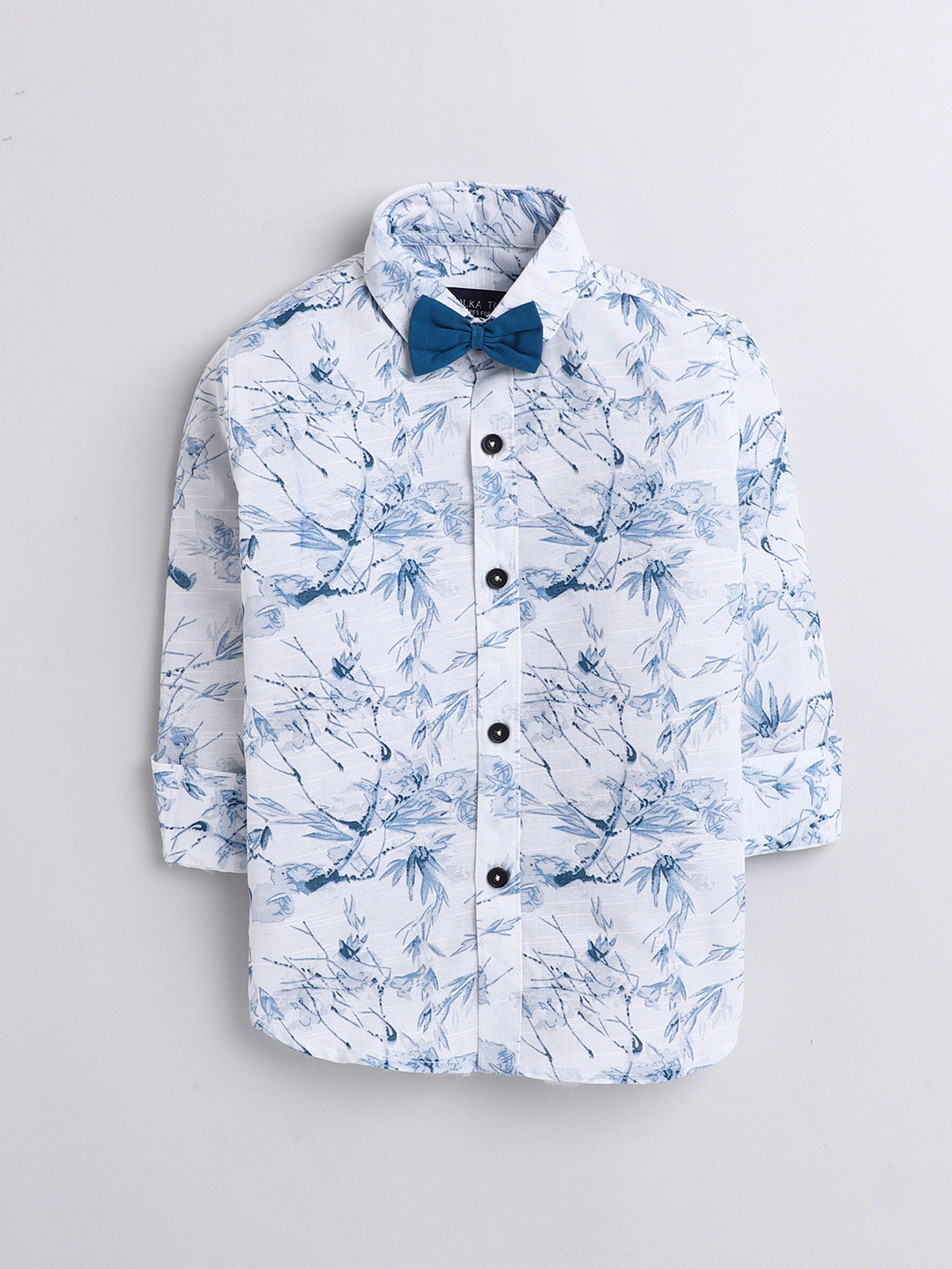 

Polka Tots Boys Classic Floral Printed Cotton Casual Shirt With Bow Tie, White