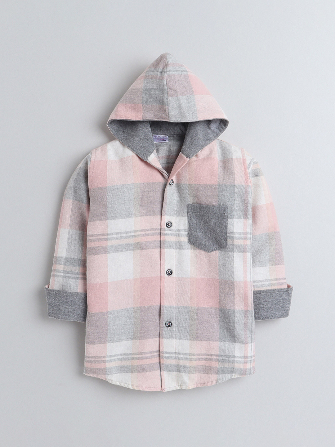 

Polka Tots Boys Classic Checked Hooded Cotton Casual Shirt, Pink