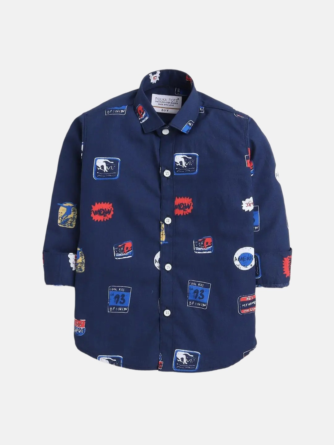 

Polka Tots Boys Classic Printed Cotton Casual Shirt With Inside T-shirt, Navy blue