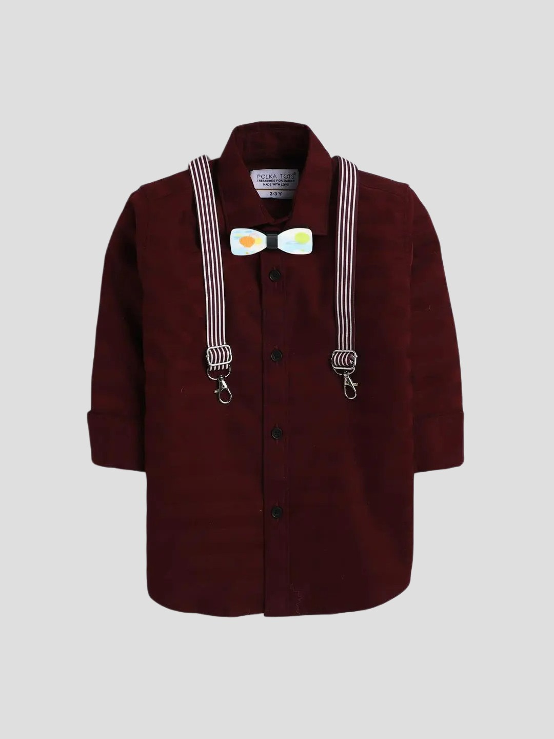 

Polka Tots Boys Classic Cotton Casual Shirt With Bow Tie And Suspendor, Maroon