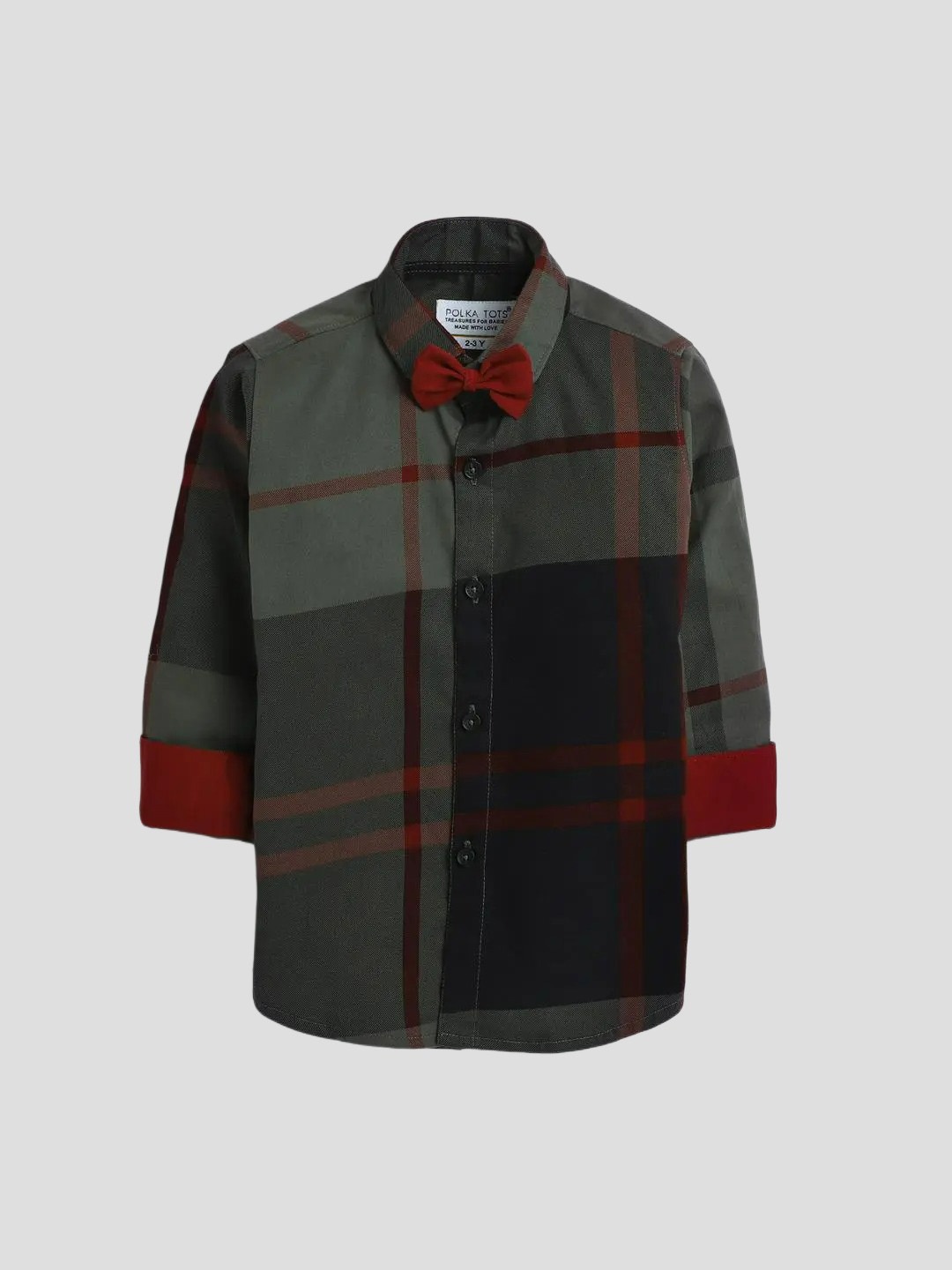 

Polka Tots Boys Classic Checked Cotton Casual Shirt With Bow Tie, Olive