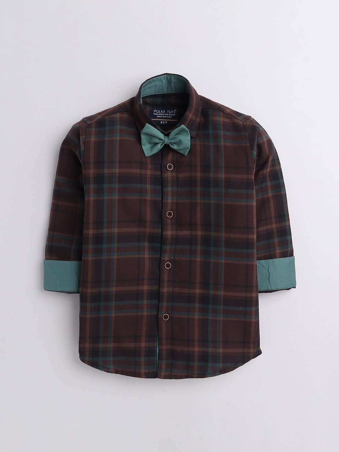 

Polka Tots Boys Classic Checked Cotton Casual Shirt With Bow Tie, Brown