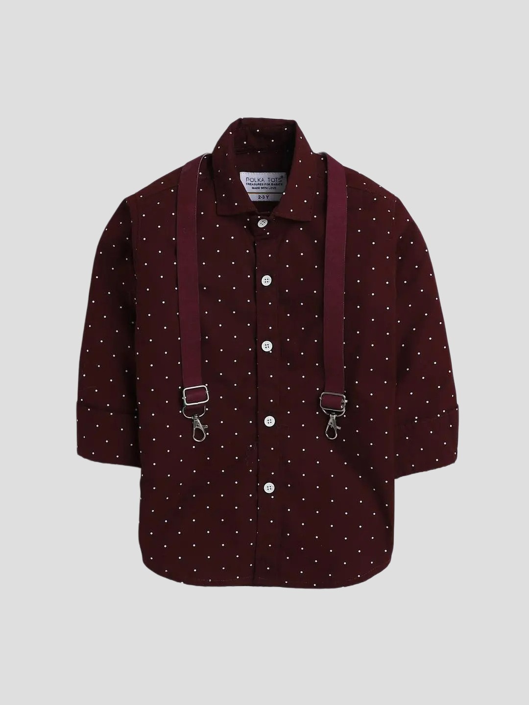 

Polka Tots Boys Classic Printed Cotton Casual Shirt With Suspendor, Maroon