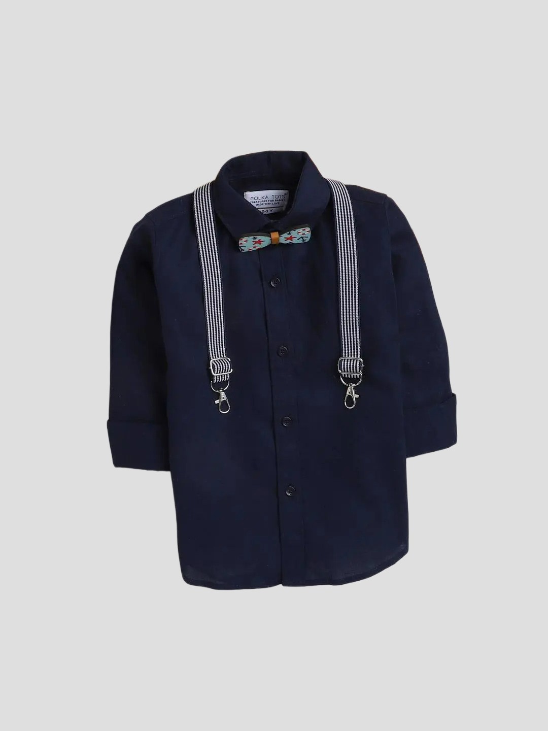

Polka Tots Boys Classic Cotton Casual Shirt With Suspendor, Navy blue