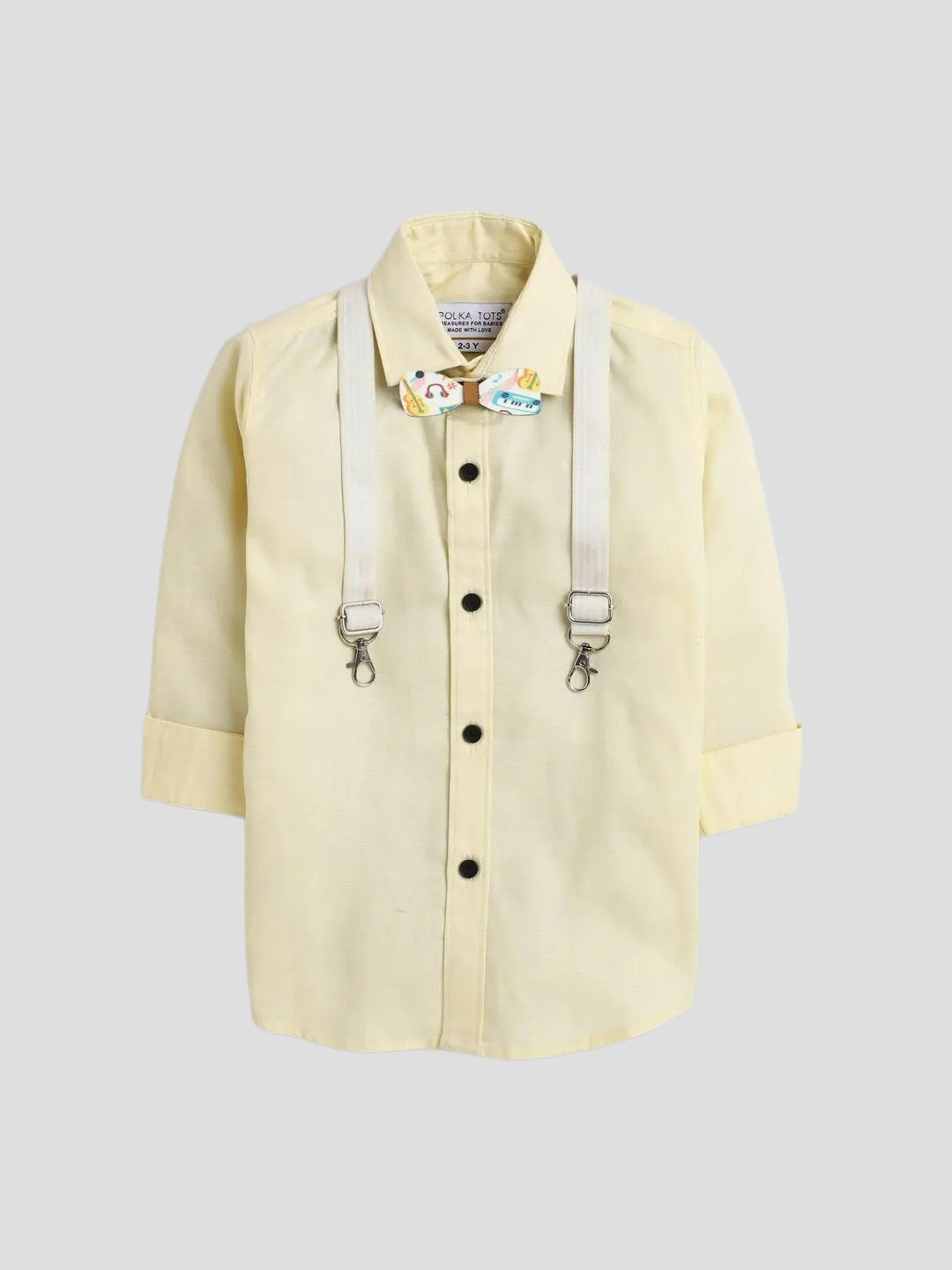 

Polka Tots Boys Classic Cotton Casual Shirt With Bow Tie And Suspendor, Yellow