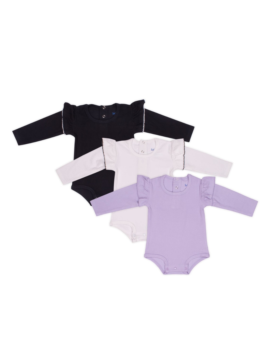 

Softsens Girls Pack Of 3 Long Sleeves Organic Cotton Ribbed Bodysuits With Frills, Black