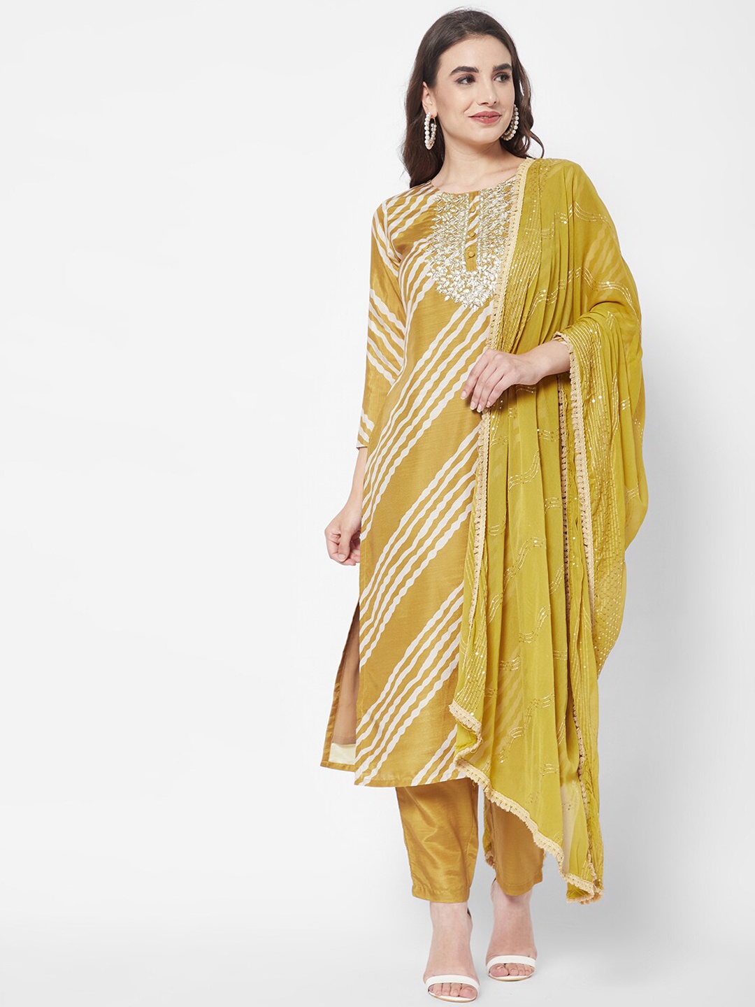 

HEEPOSH Women Striped Kurta with Trousers & With Dupatta, Mustard