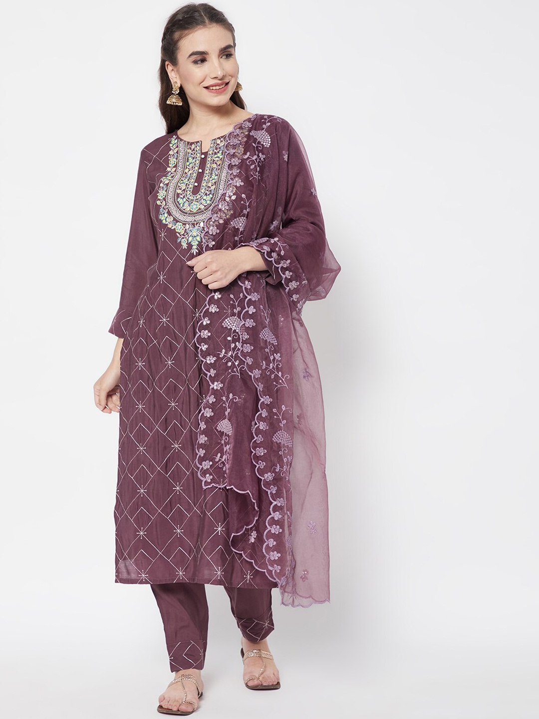 

HEEPOSH Women Floral Embroidered Kurta with Trousers & With Dupatta, Purple