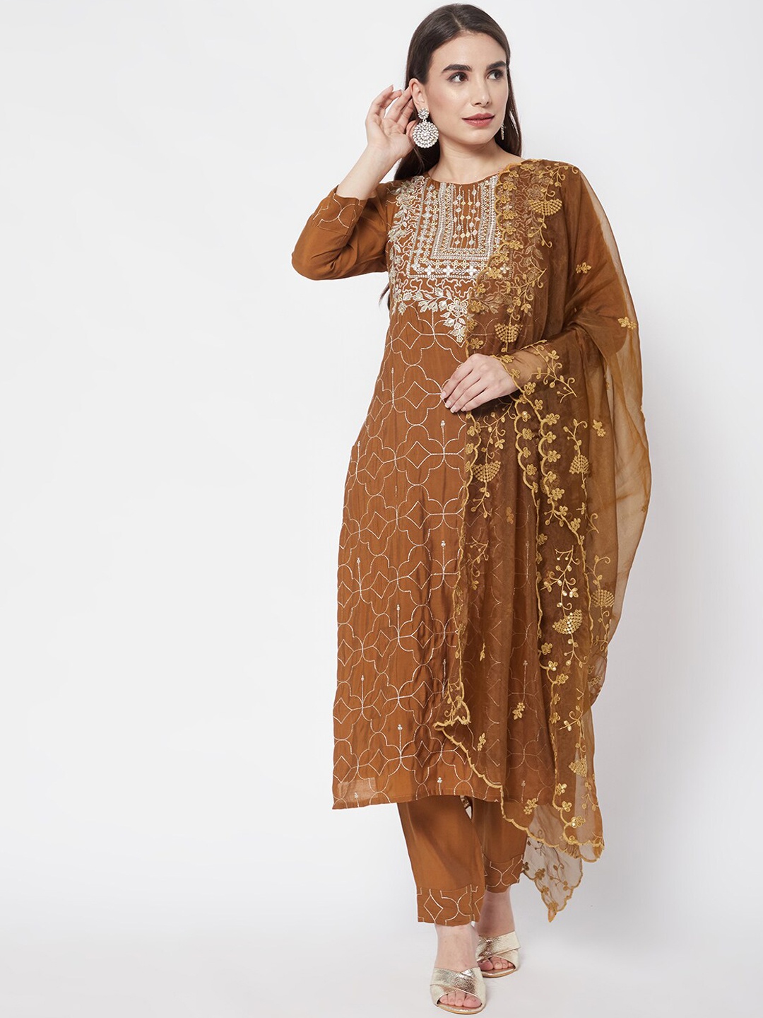 

HEEPOSH Women Floral Embroidered Kurta with Trousers & Dupatta, Brown