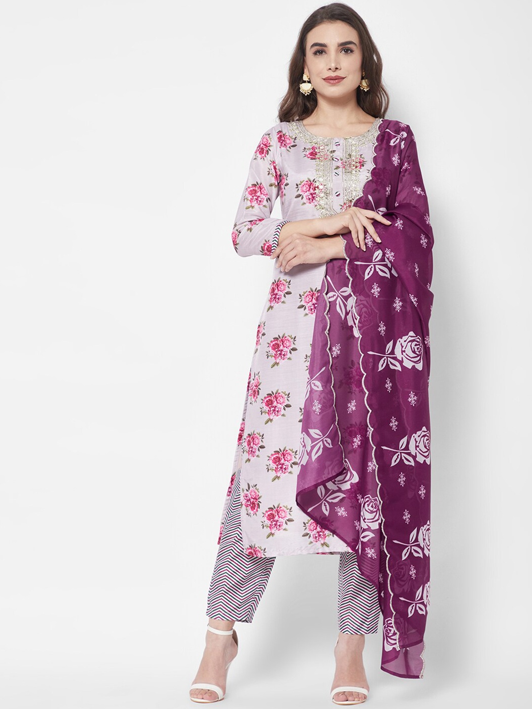 

HEEPOSH Women Floral Printed Kurta with Trousers & With Dupatta, Lavender