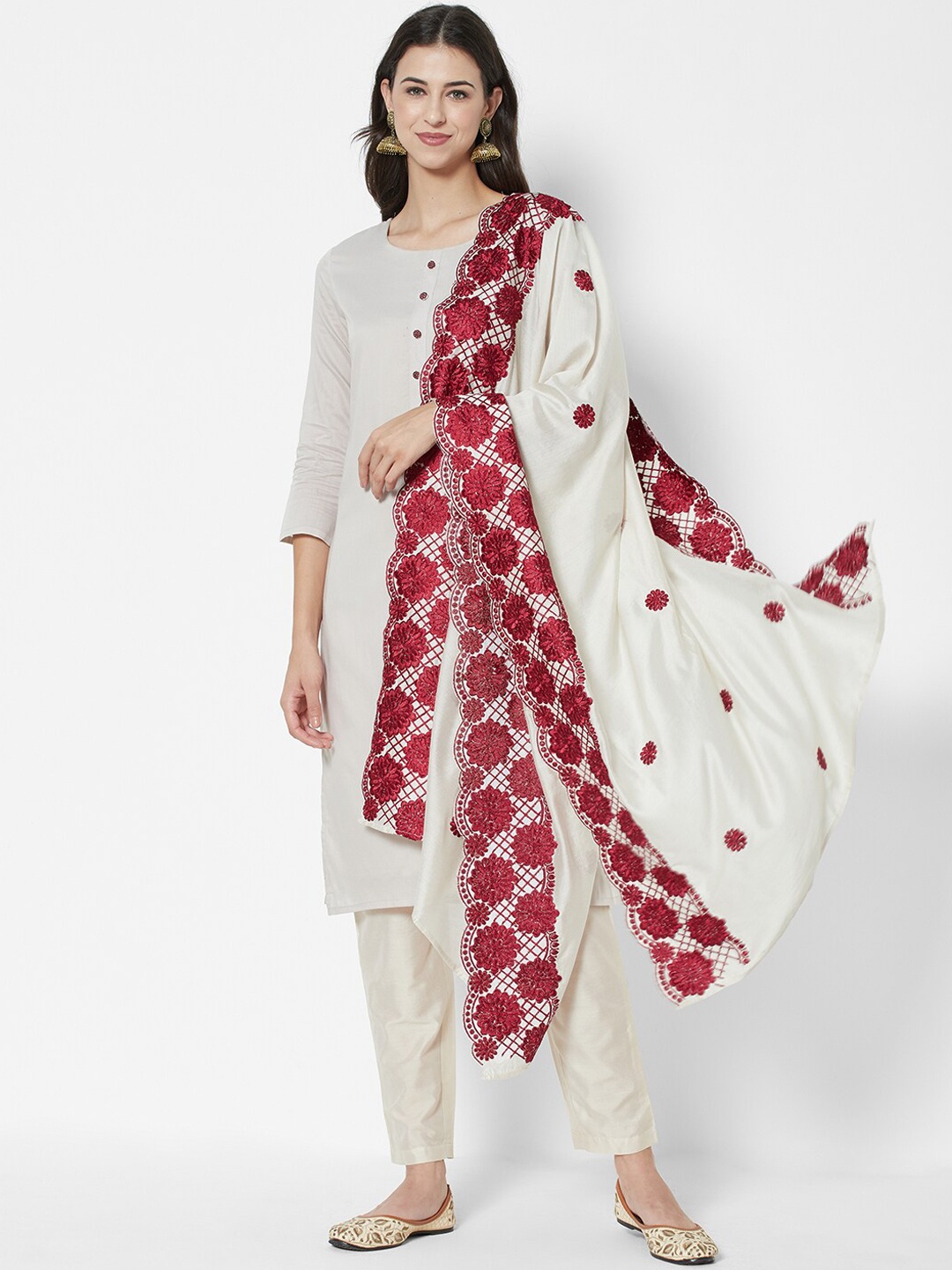

HEEPOSH Thread Work Kurta with Trousers & With Dupatta, Off white