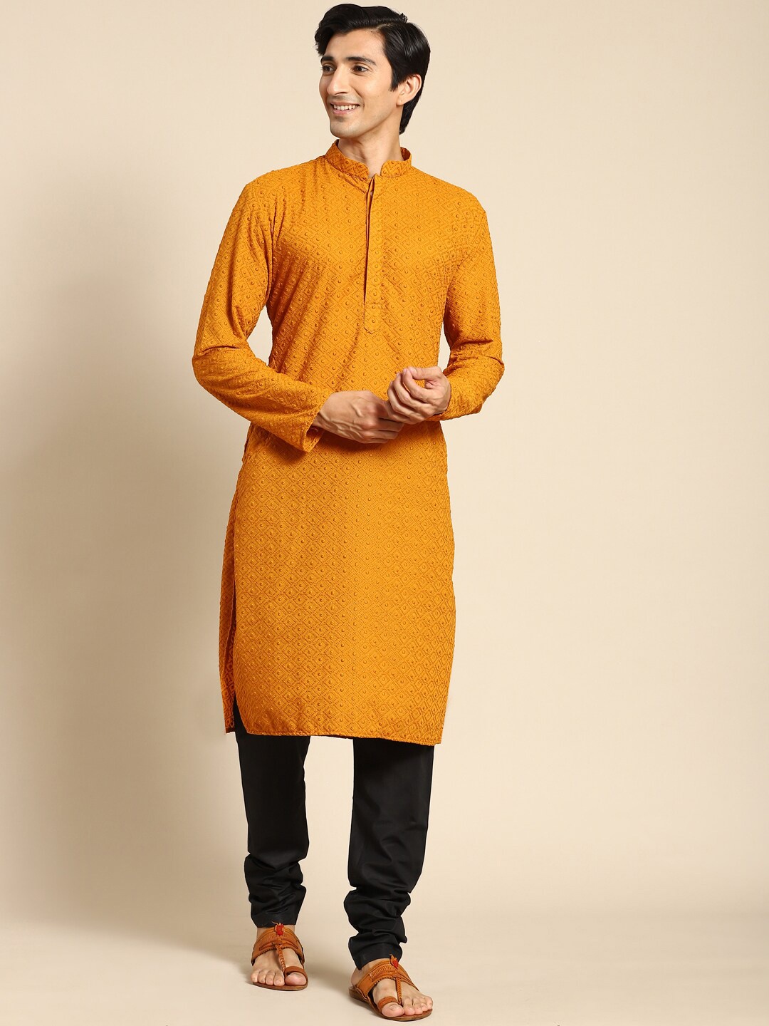 

RAJUBHAI HARGOVINDAS Men Chikankari Embroidered Pure Cotton Kurta With Churidar, Mustard