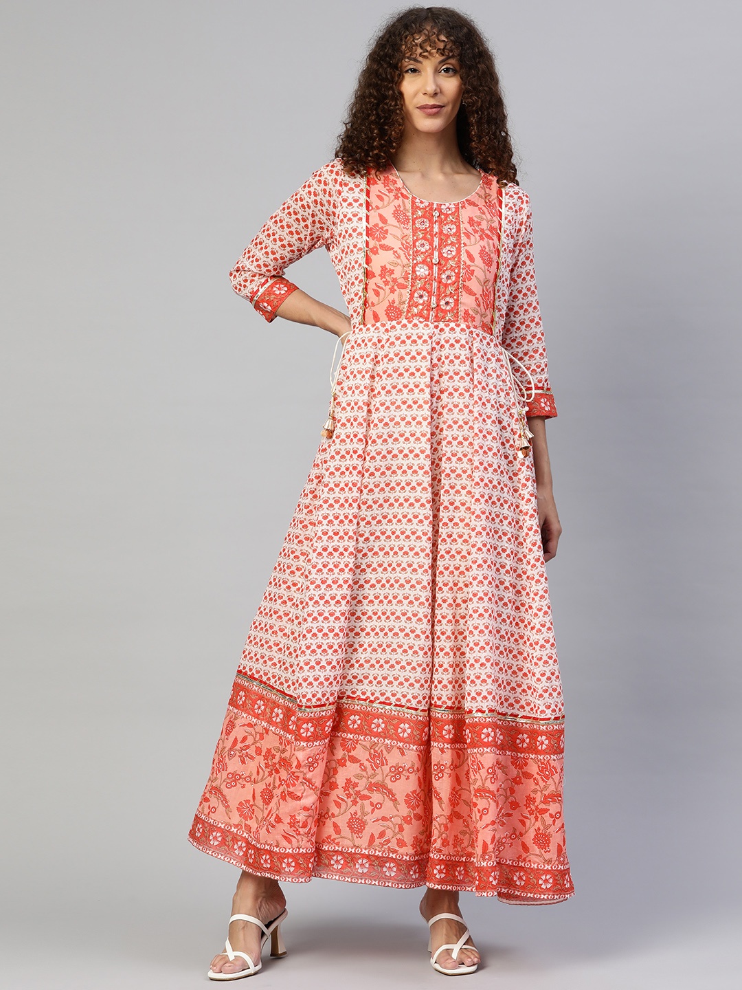 

Readiprint Fashions Cotton Sequinned Floral Print Maxi Ethnic Dress, Peach