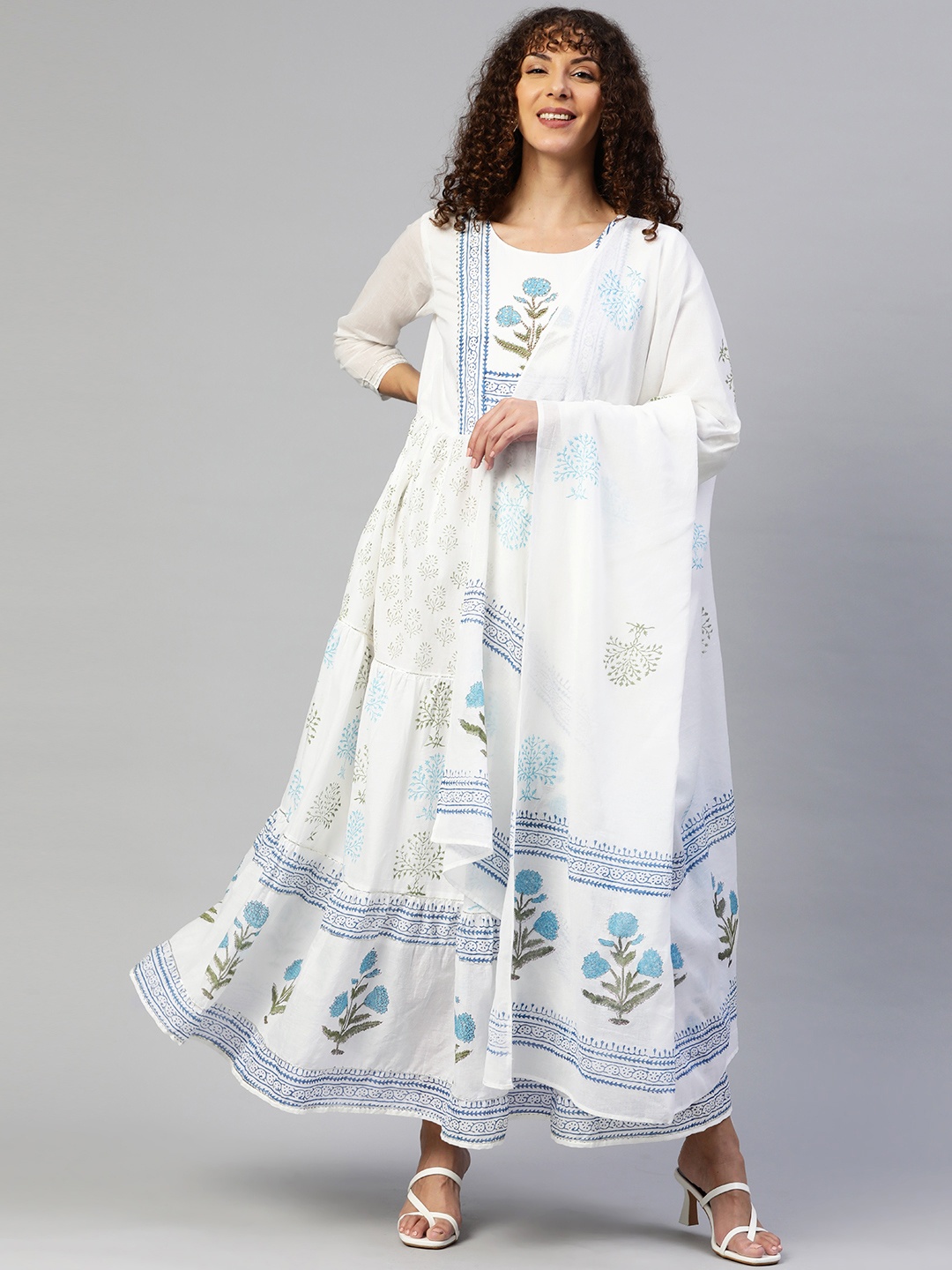 

Readiprint Fashions Cotton Sequinned Floral Tiered Maxi Ethnic Dress With Dupatta, White