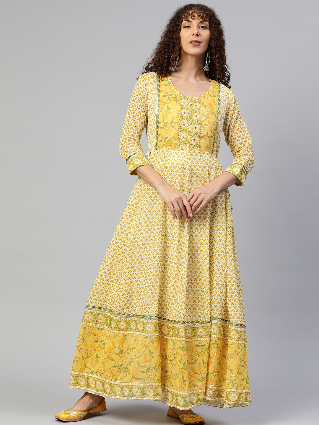 

Readiprint Fashions Cotton Sequinned Floral Tiered Maxi Ethnic Dress, Yellow