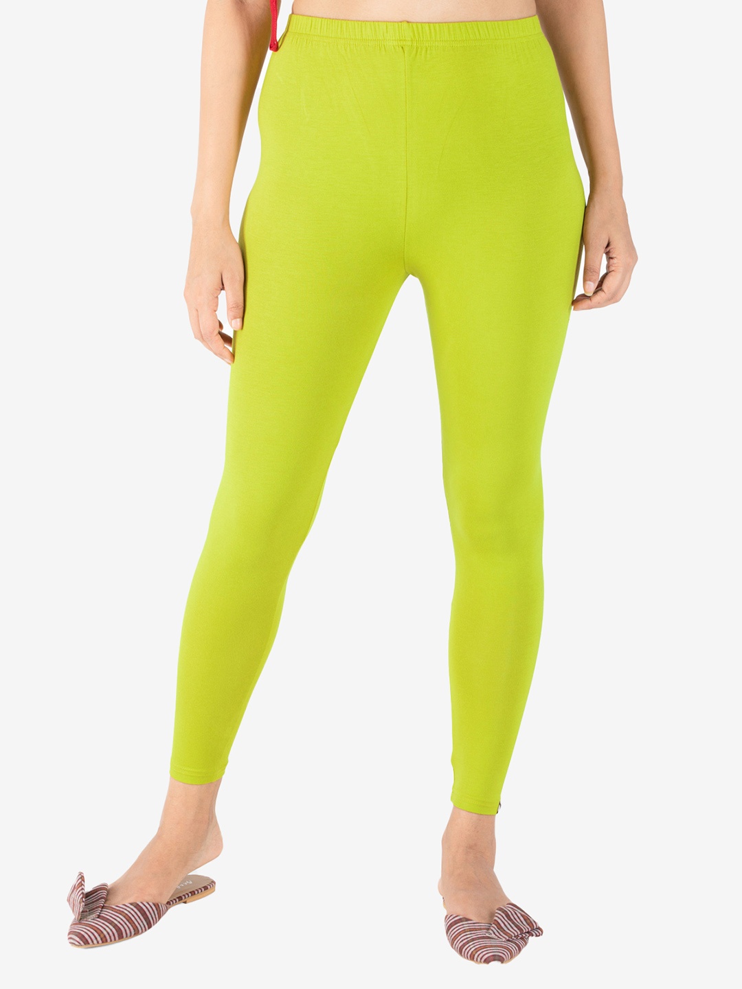 

indian flower Women Solid Ankle Length Leggings, Lime green