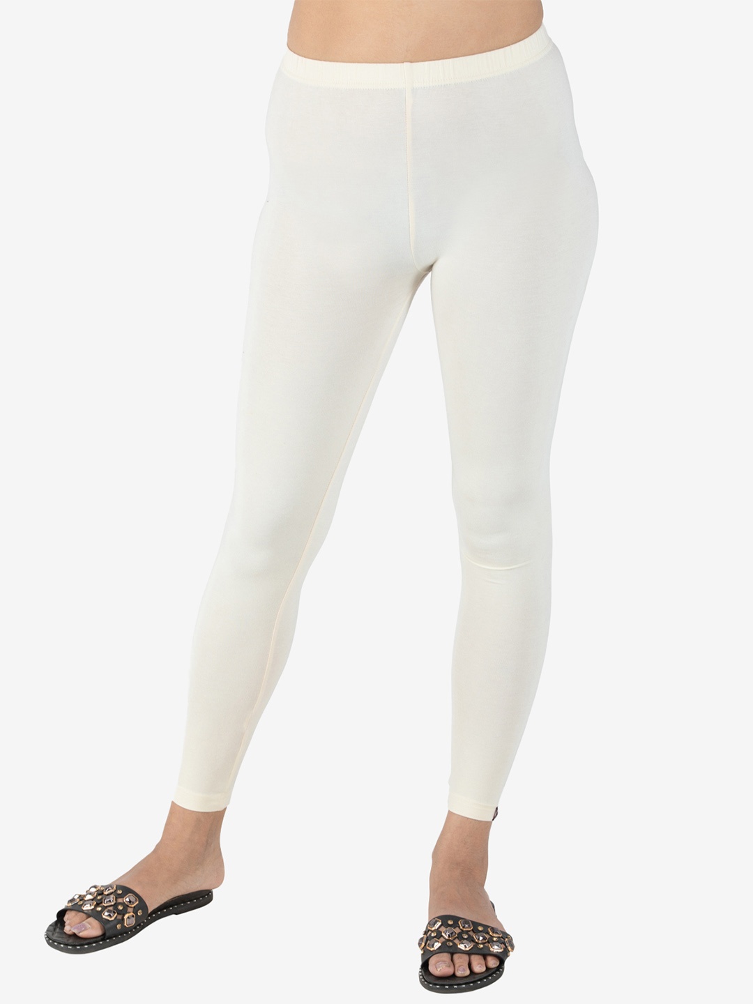 

indian flower Women Solid Ankle Length Leggings, Off white