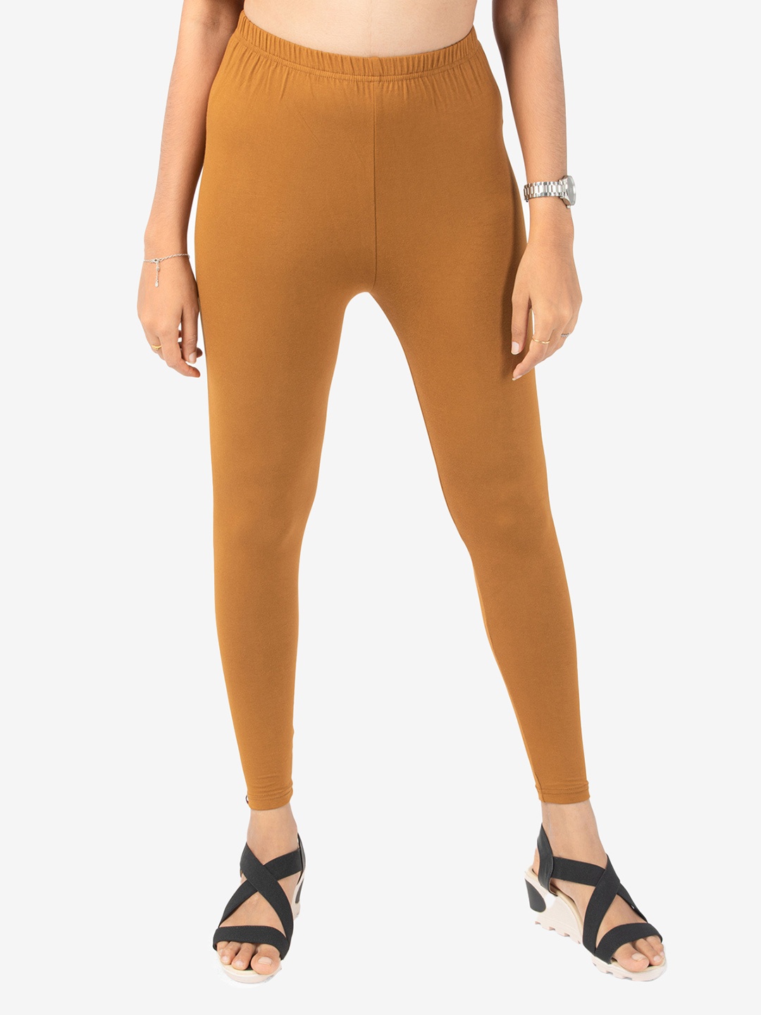 

indian flower Women Solid Ankle Length Leggings, Camel brown