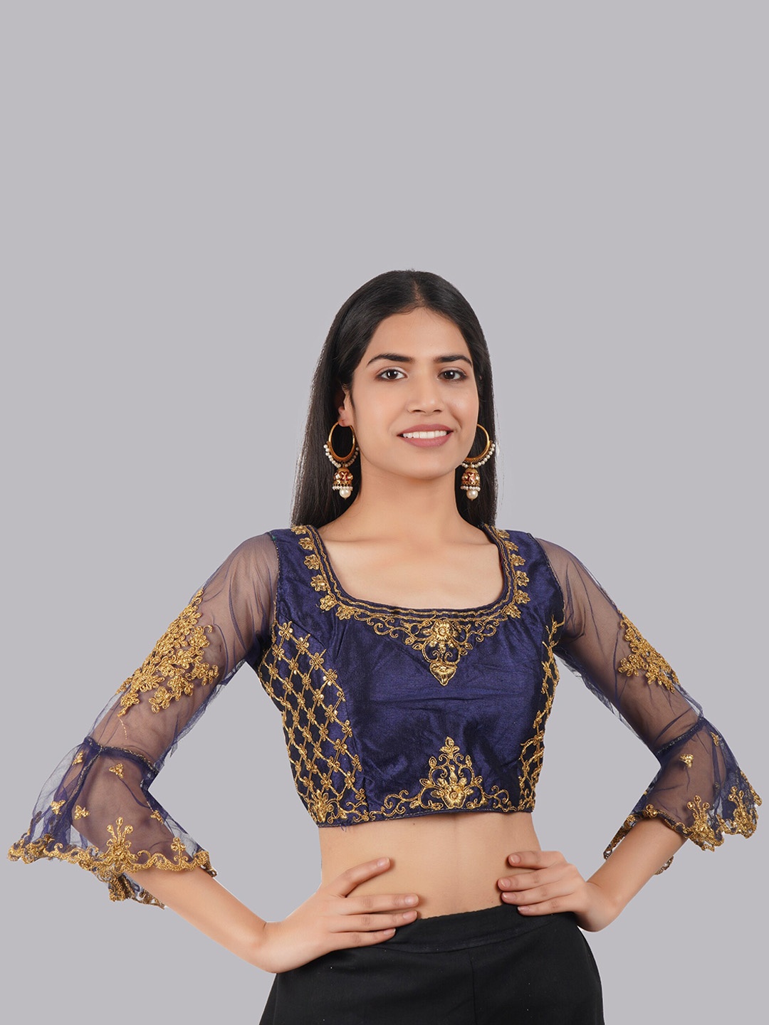 

Trendzmy Embroidered Square Neck Saree Blouse, Navy blue