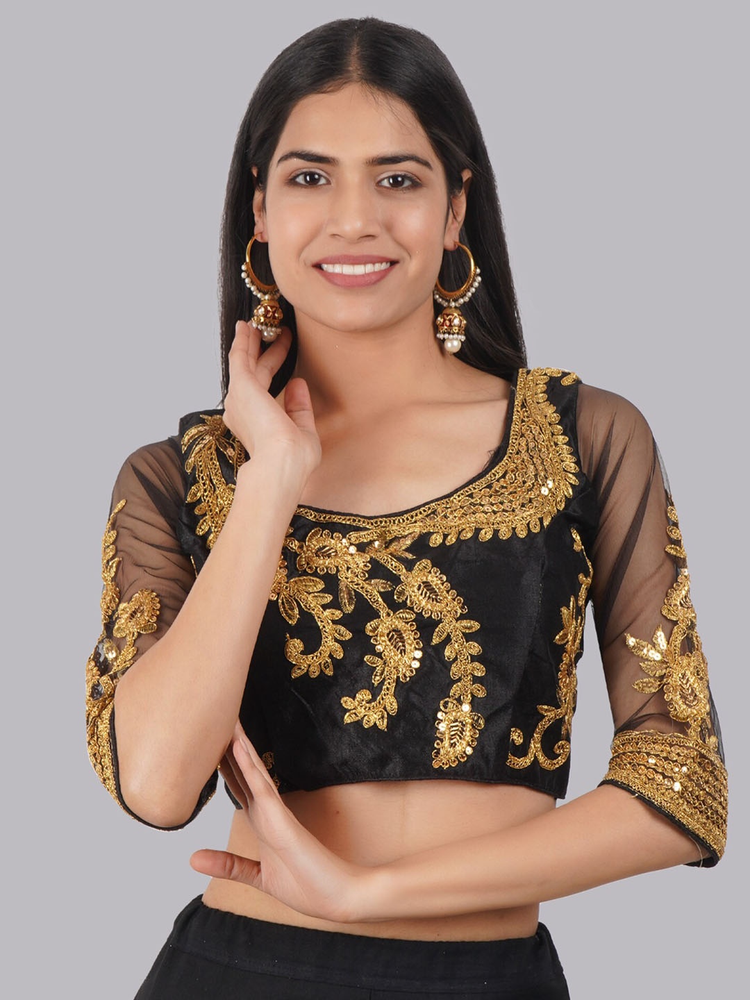 

Trendzmy Embroidered Round Neck Saree Blouse, Black