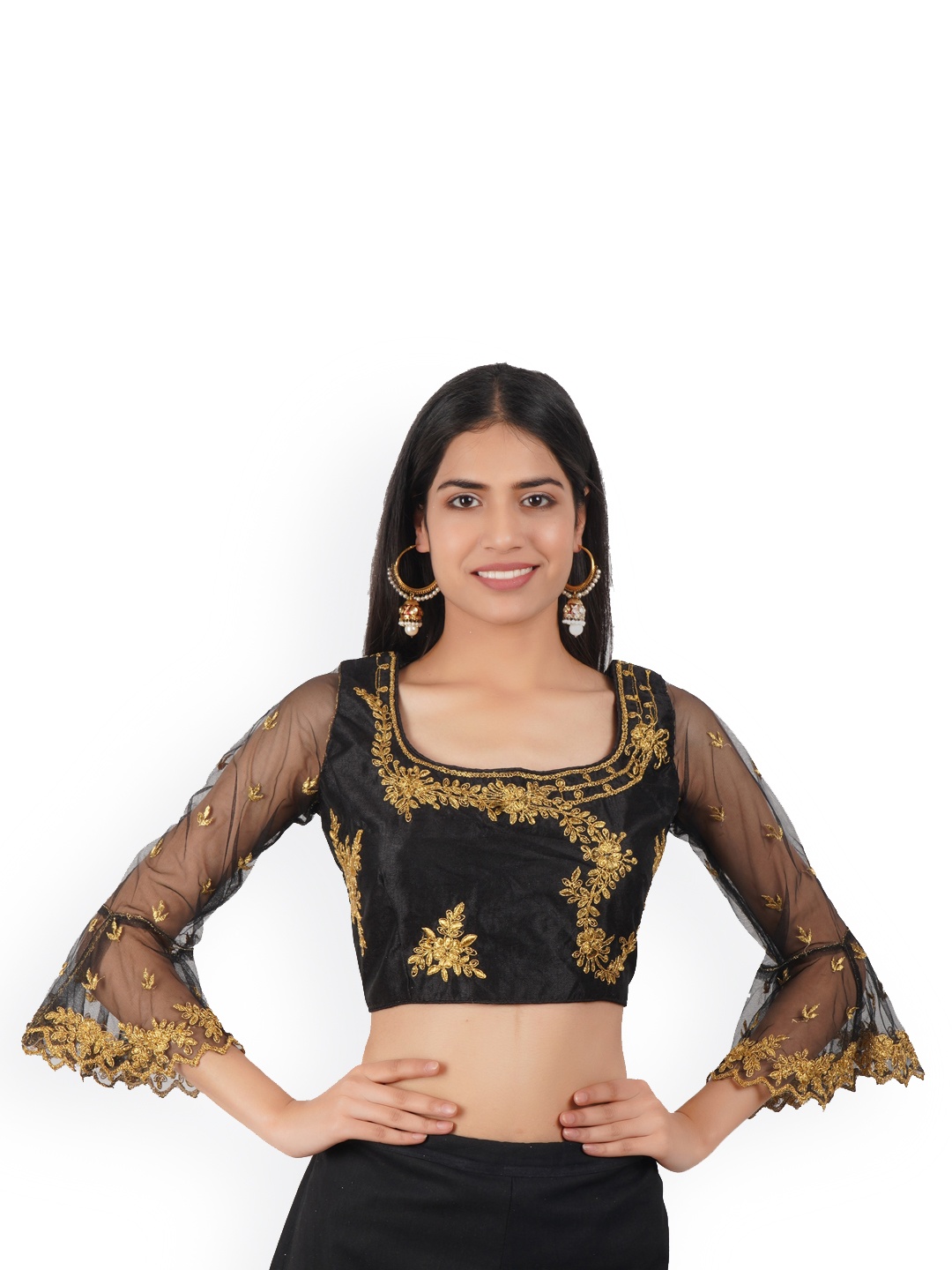 

Trendzmy Embroidered Round Neck Saree Blouse, Black