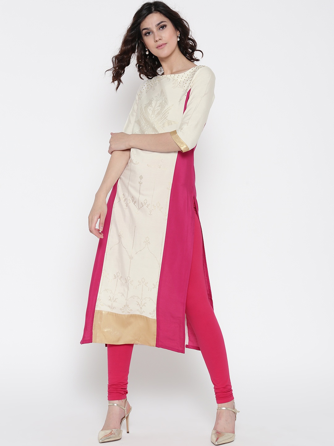 

WISHFUL by W Women Cream-Coloured & Pink Printed Straight Kurta