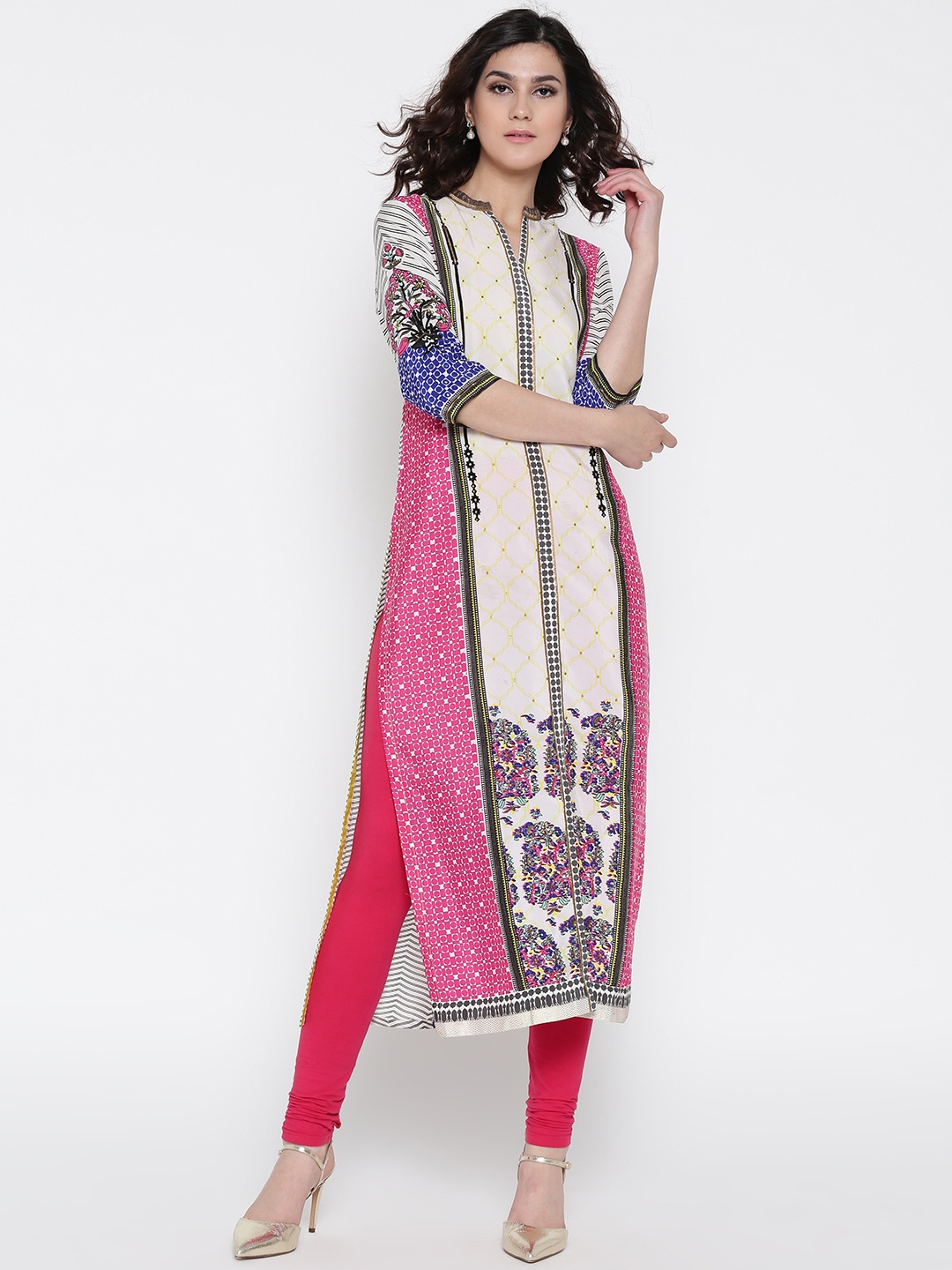 

W Women Off-White & Pink Printed Straight Kurta