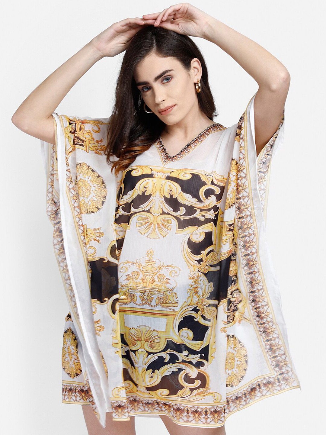 

Aditi Wasan Ethnic Motifs Printed Kaftan Dress, White
