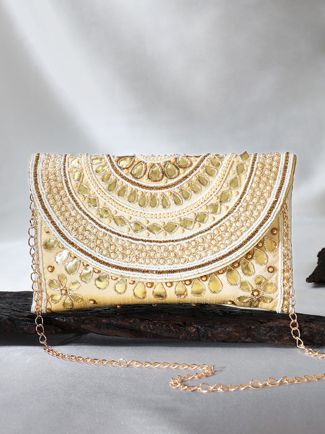 

Rubans Elegant Gold and Ivory Embroidered Clutch with Intricate Beadwork and Chain Strap, Off white
