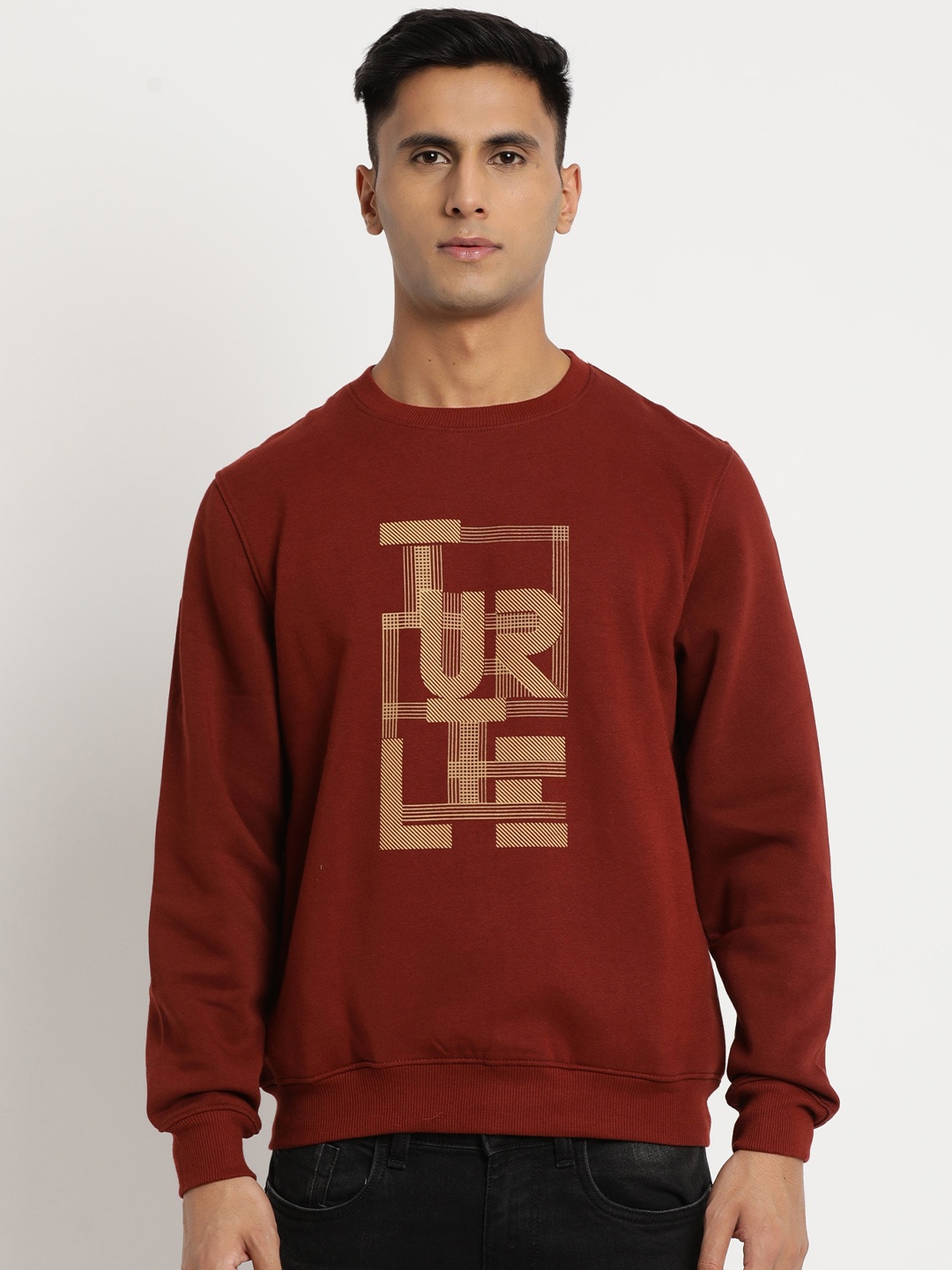 

Turtle Men Typography Printed Pullover Sweatshirt, Maroon