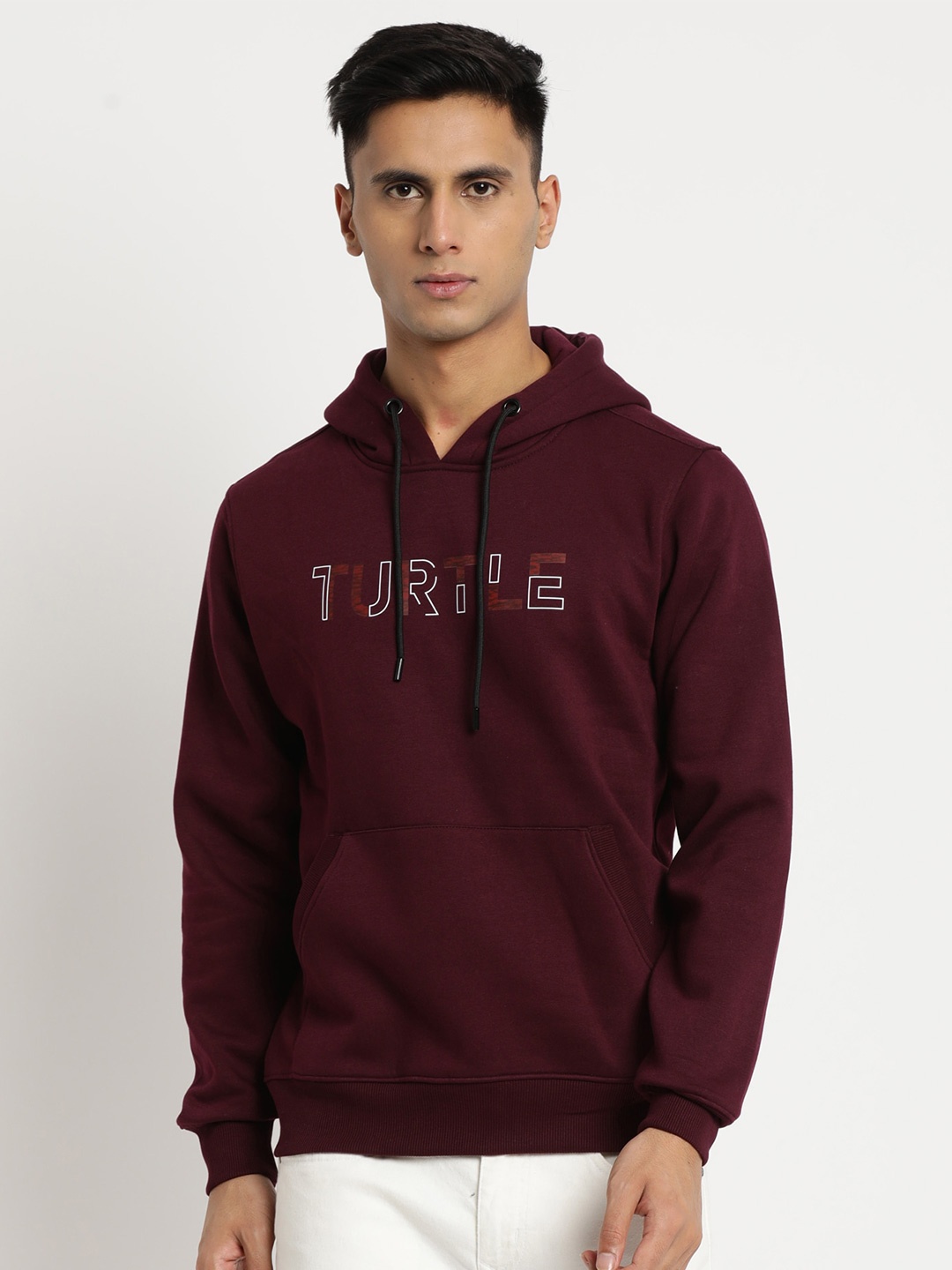 

Turtle Men Typography Printed Hooded Pullover Sweatshirt, Burgundy