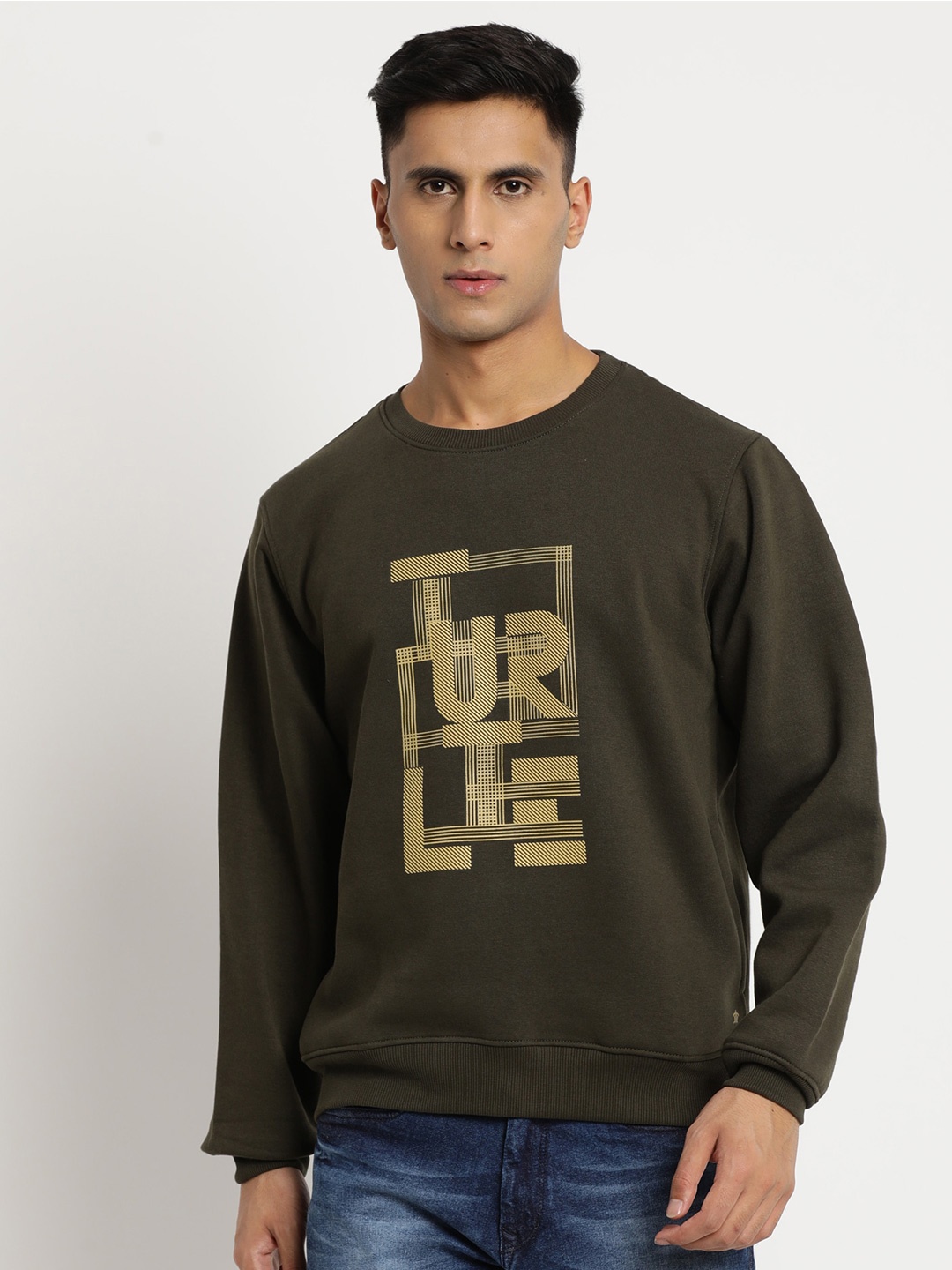 

Turtle Men Typography Printed Pullover Sweatshirt, Olive