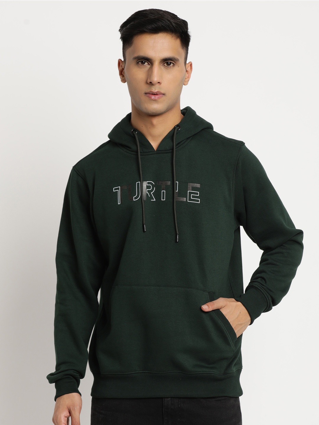 

Turtle Men Typography Printed Hooded Pullover Sweatshirt, Green