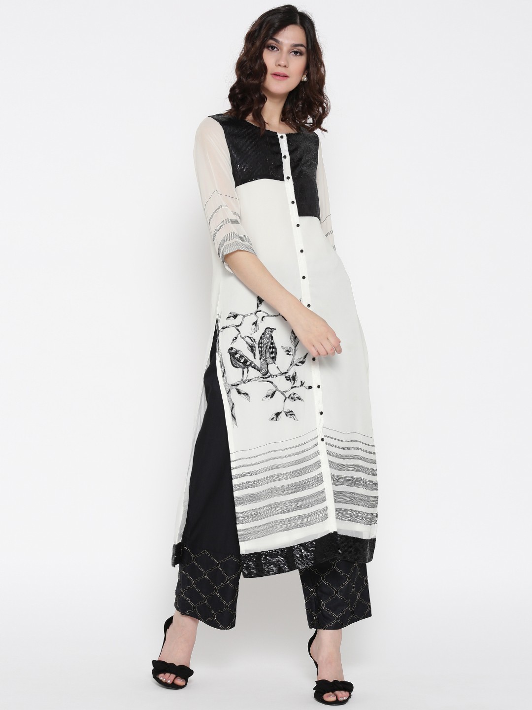 

W Women White & Black Printed Straight Kurta