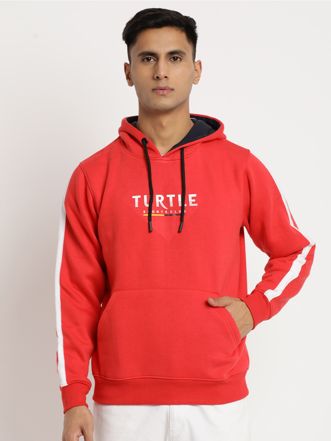 

Turtle Men Typography Printed Hooded Pullover Sweatshirt, Red