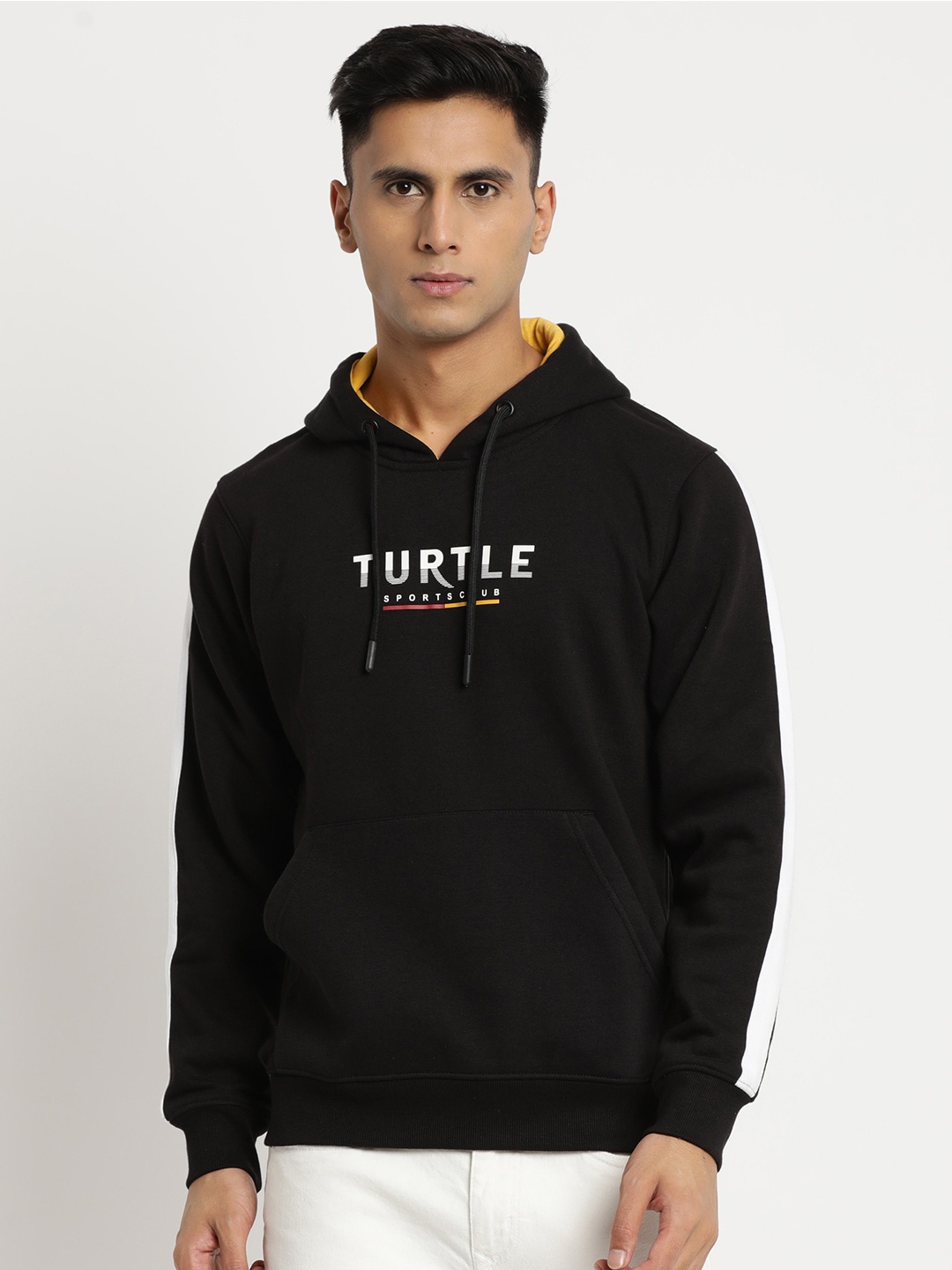 

Turtle Men Typography Printed Hooded Pullover Sweatshirt, Black