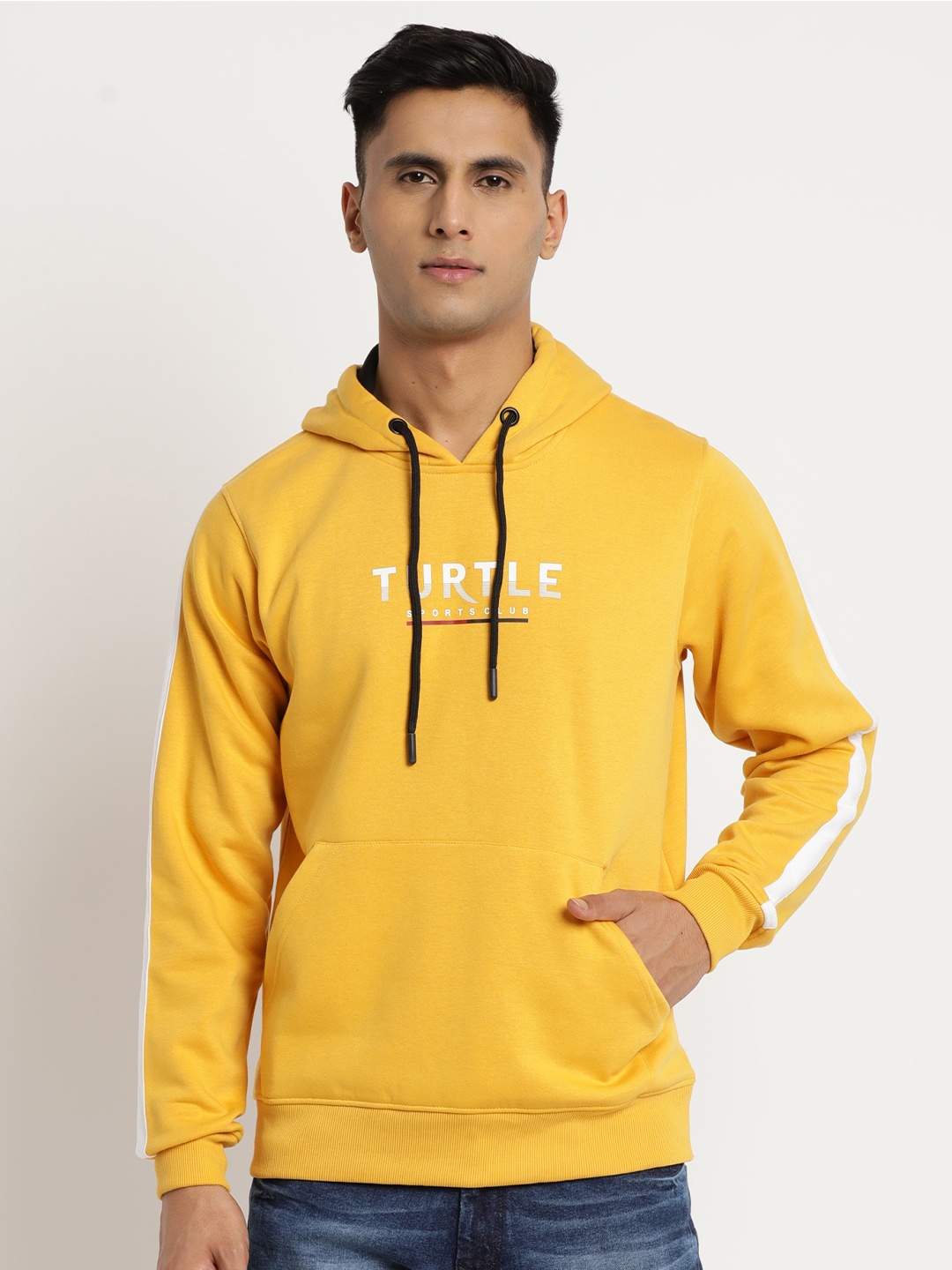 

Turtle Men Typography Printed Hooded Pullover Sweatshirt, Yellow