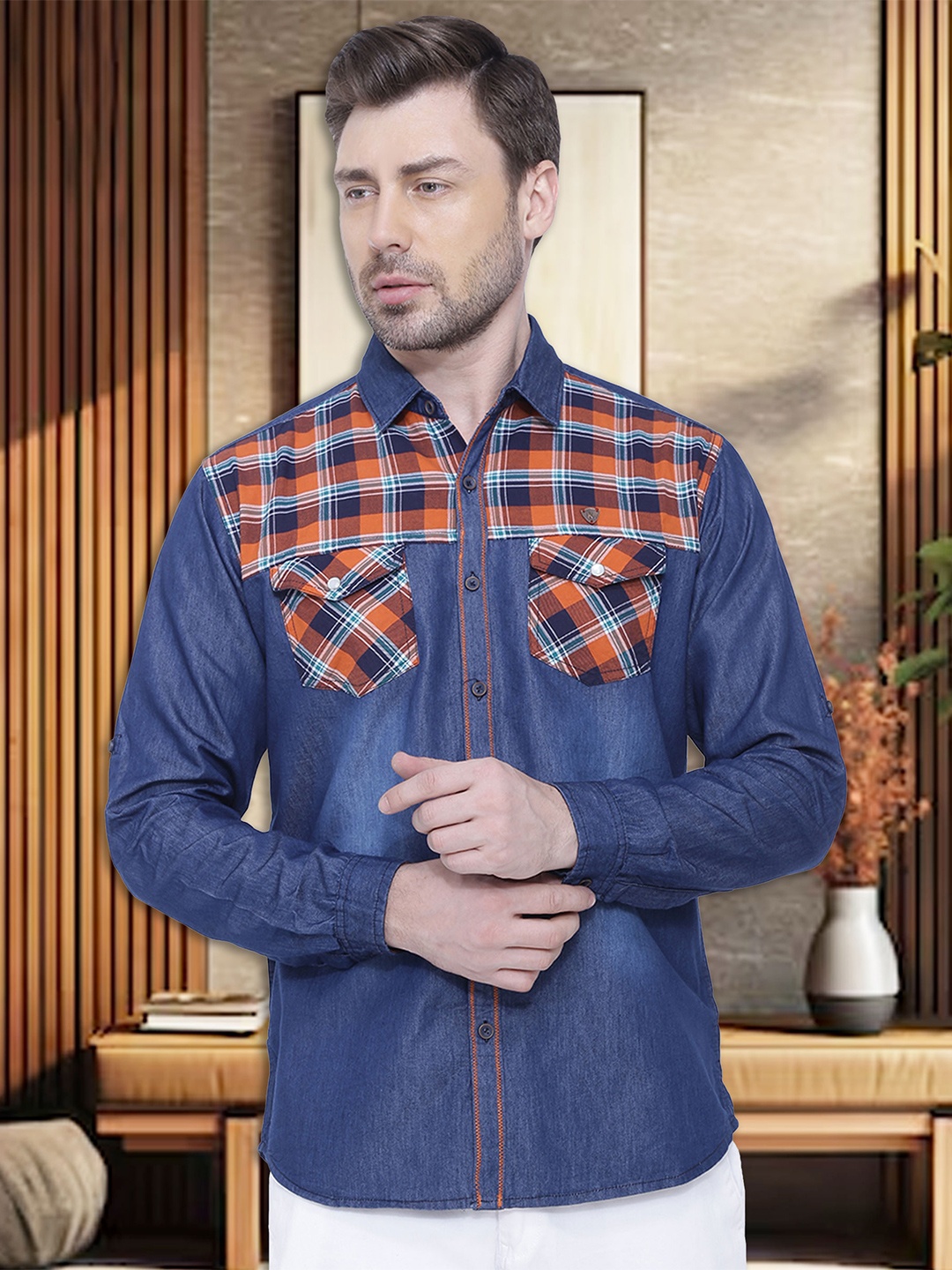 

Kuons Avenue Men Checked Cotton Smart Slim Fit Casual Shirt, Blue