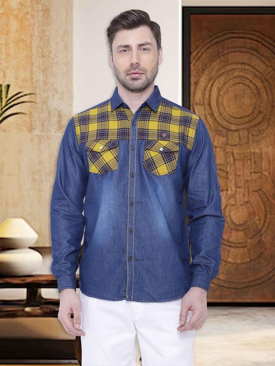 

Kuons Avenue Men Checked Cotton Smart Slim Fit Casual Shirt, Blue